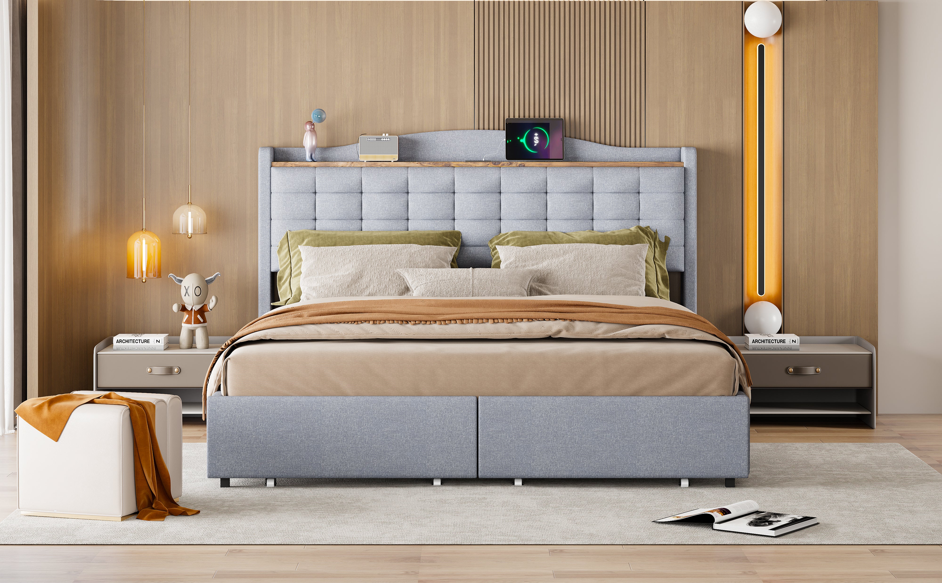 Upholstered Bed 160x200cm, USB Charging, 4-Drawer, Linen Fabric Gray