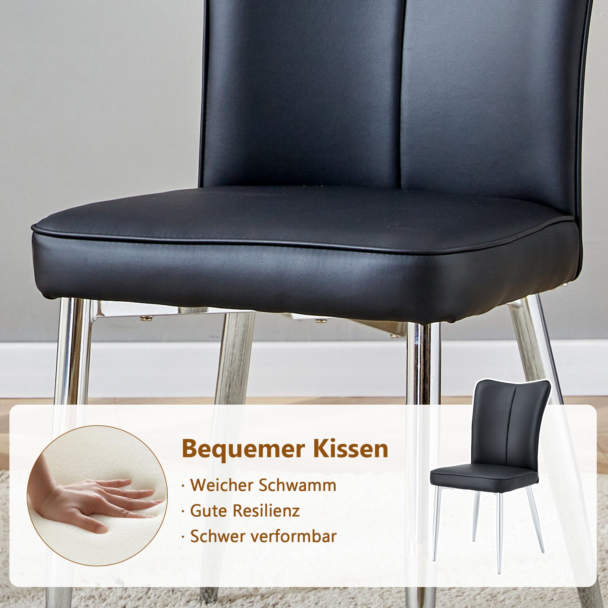 Dining Table Set, 85cm Tempered Glass Table with 4 Chairs, Black PU