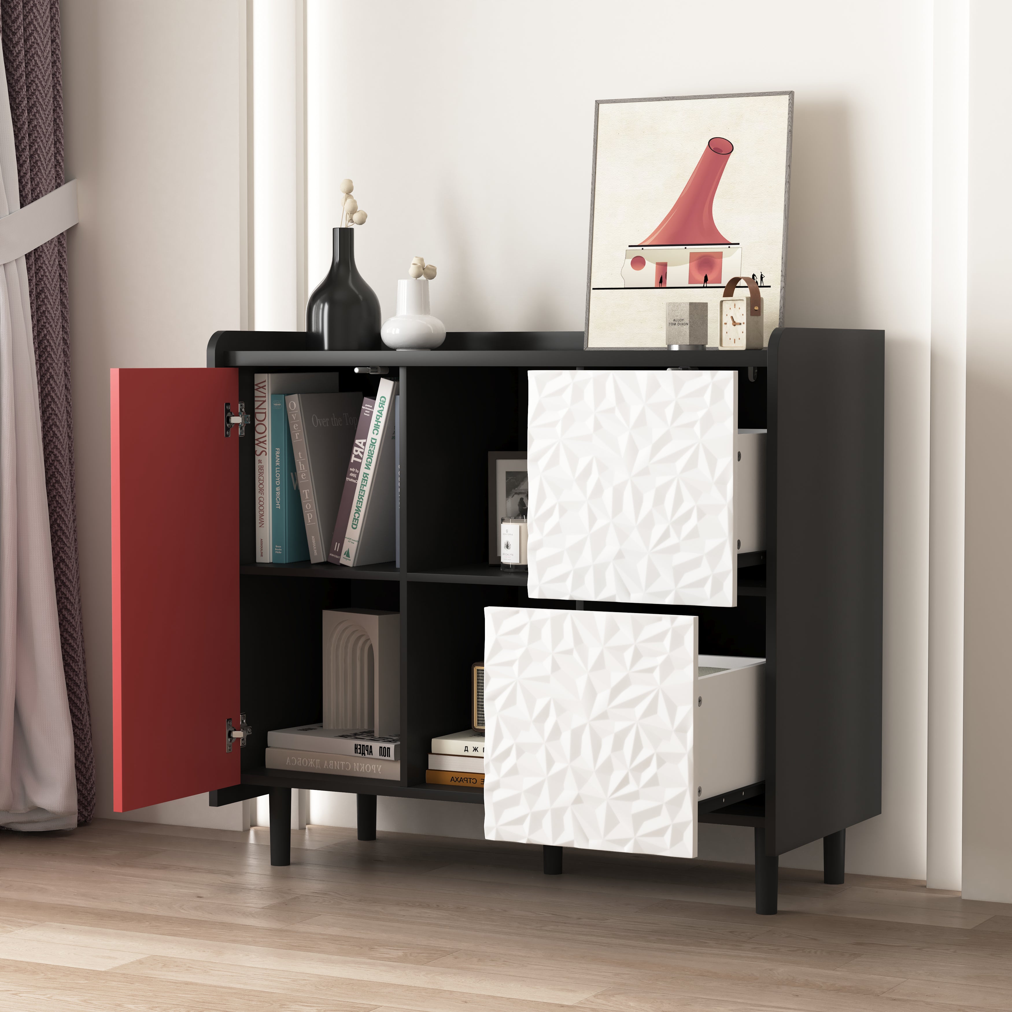 Sideboard/Buffet Cabinet with 2 Drawers & 2 Open Compartments, Black with Red Doors