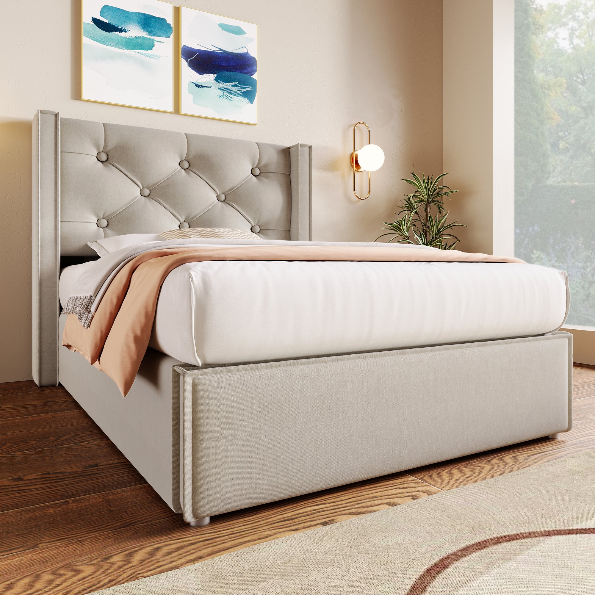 Hydraulic Upholstered Bed, Single 90x200cm with Storage, Light Grey Cotton