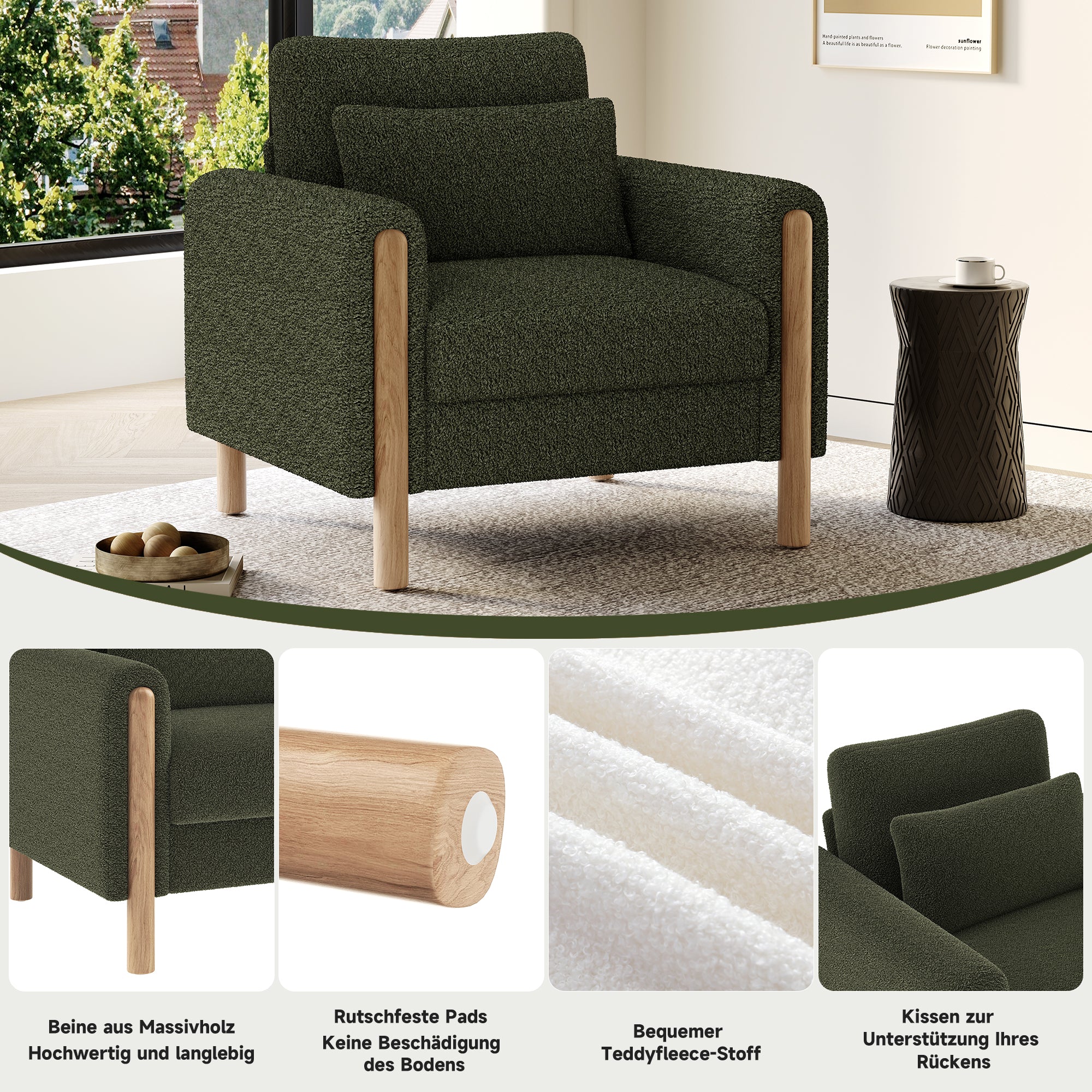 Modern Armchair, Thick Cushion, Comfortable Single Seater, Green