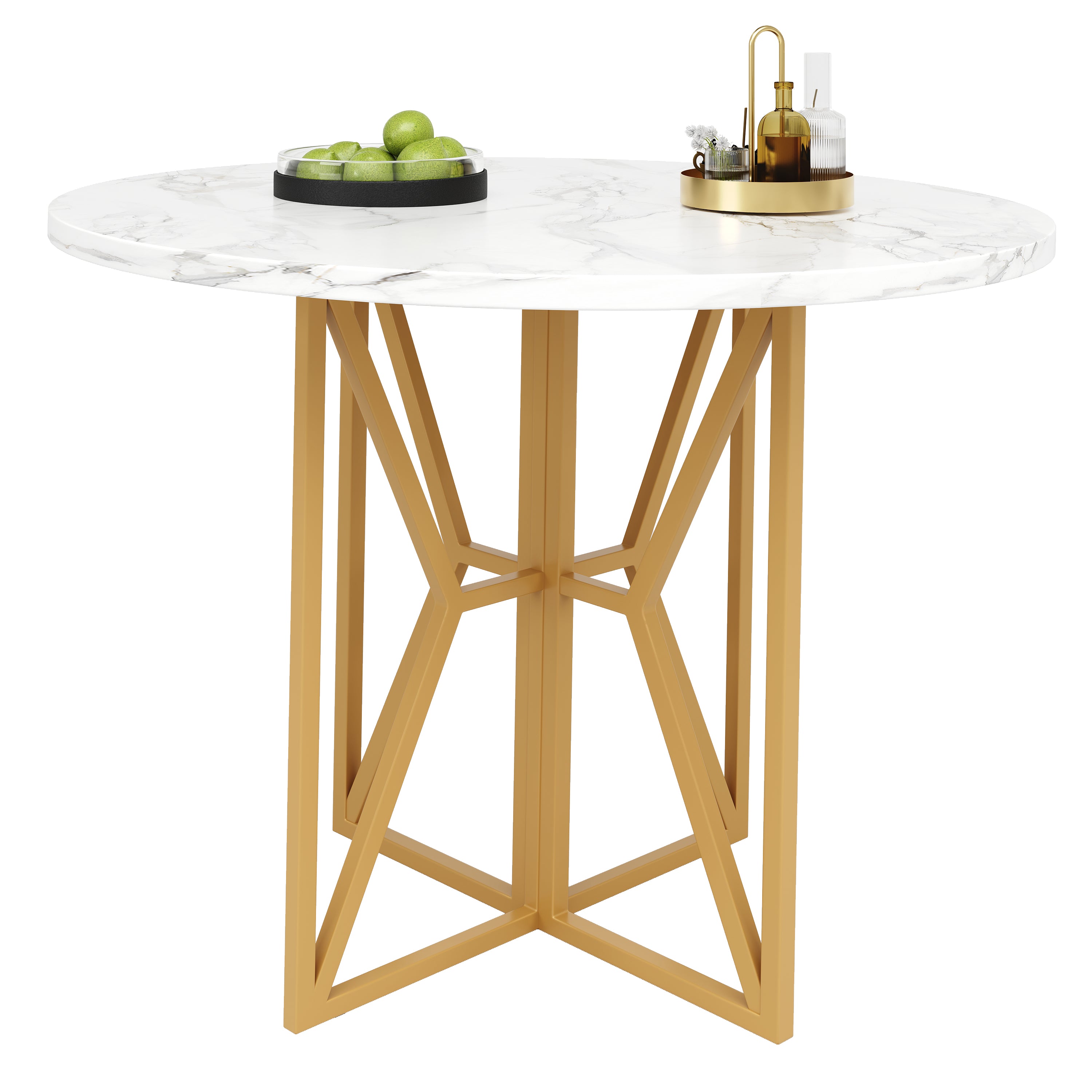 Round Dining Table 80cm 4-6 Seater Gold Legs - Marbled MDF