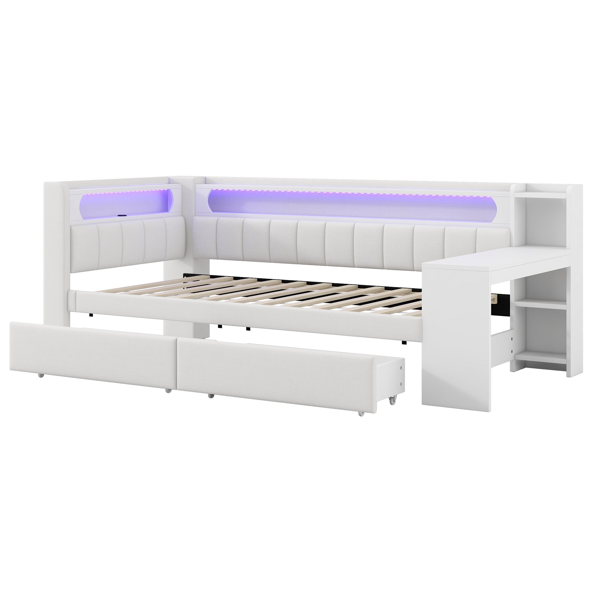 Upholstered Daybed 90x200 with Desk, LED Light, USB Port & 2 Drawers, White
