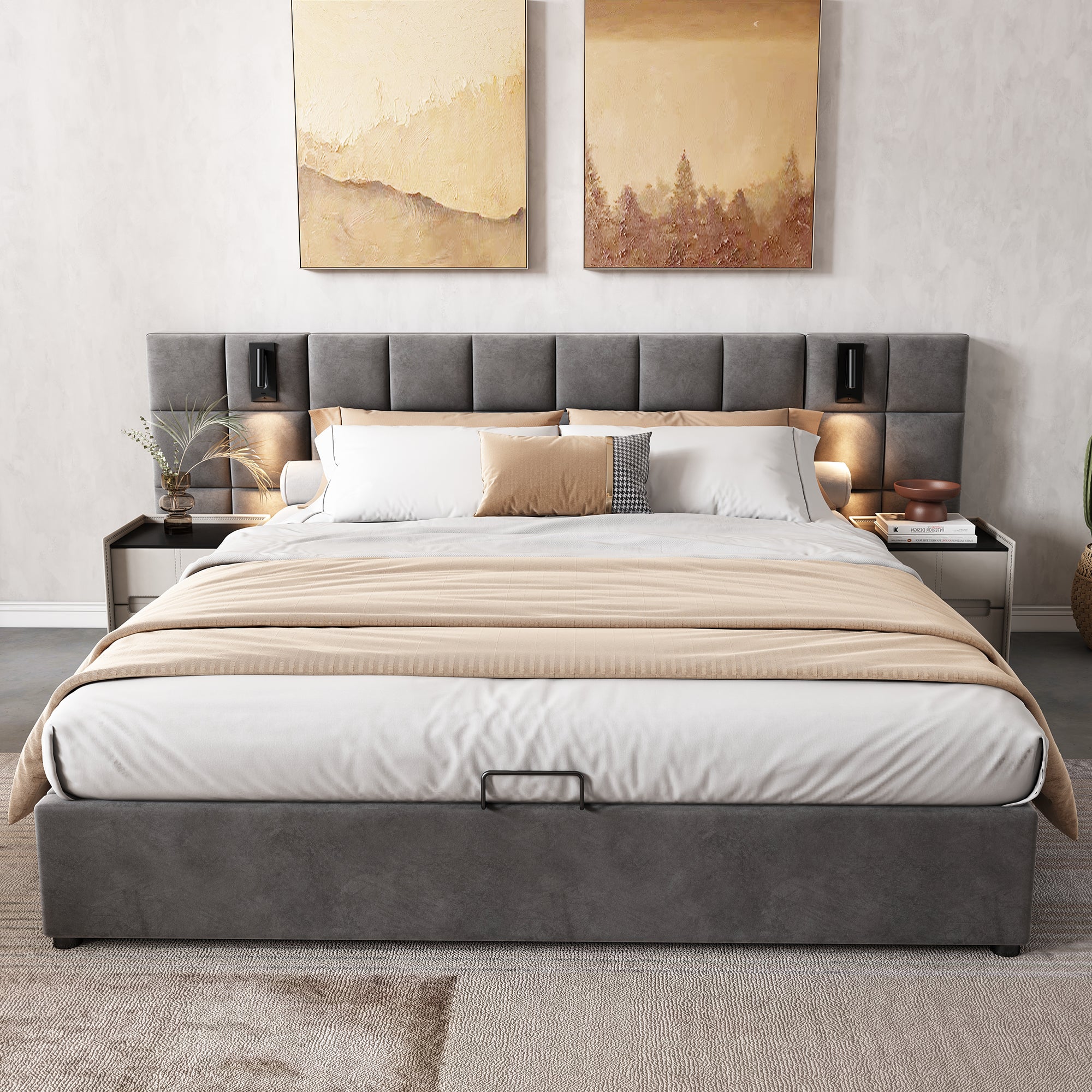 Upholstered Bed Super King Size 6ft Hydraulic Storage with Lamp and USB Charging Velvet Grey