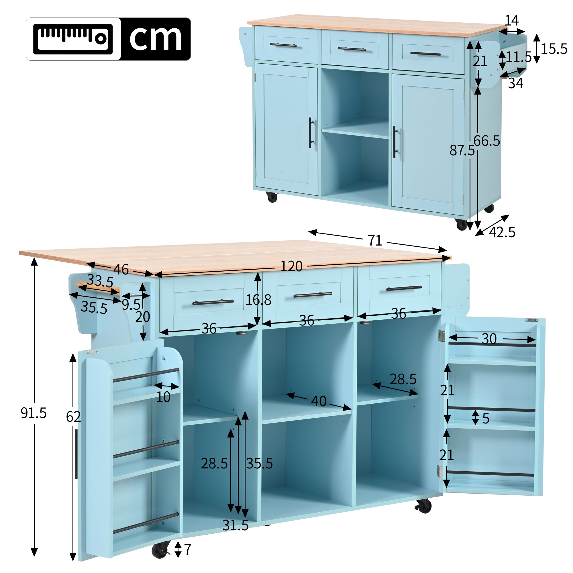 Dining Trolley Sideboard with Fold-Down Worktop and Casters, Blue and Solid Wood Grain