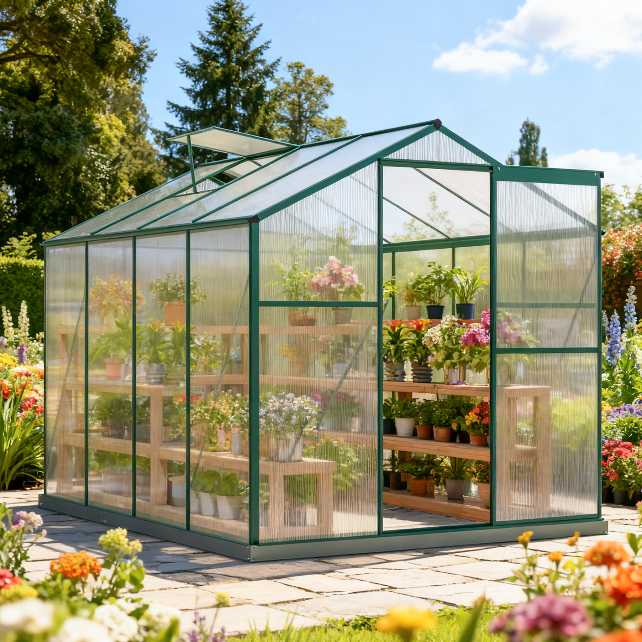 Aluminum Greenhouse 4.75 m² 190 × 253 cm with Foundation, 1 Roof Window & Sliding Door, Aluminum