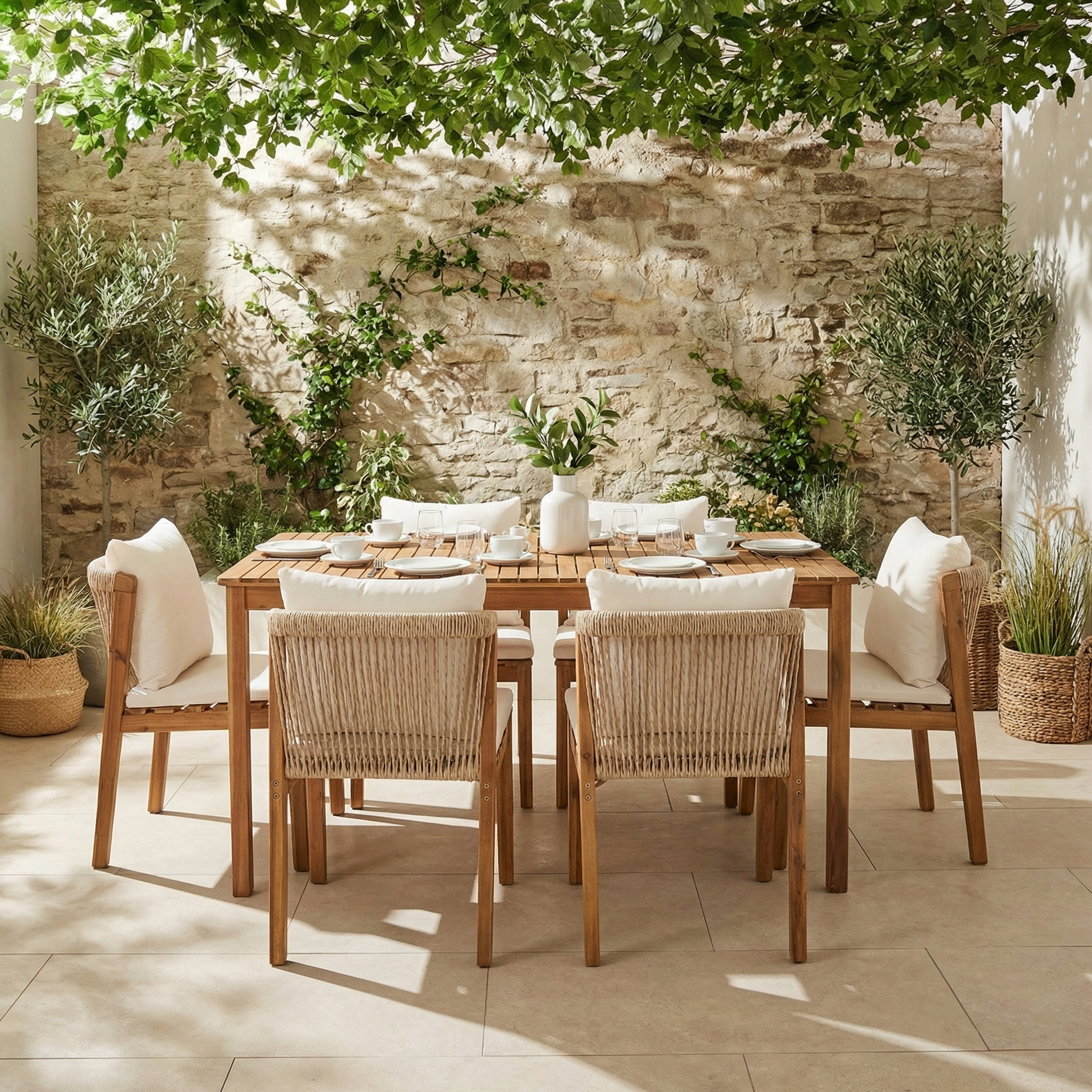 Garden Dining Set with 1 Table and 6 Chairs, Solid Wood and Beige