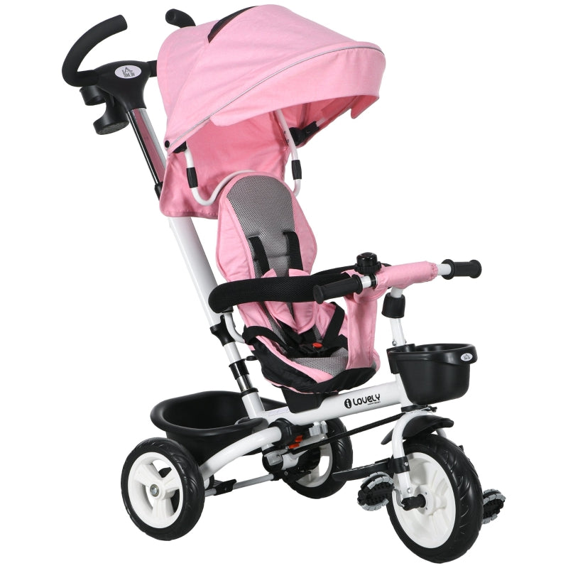 6-in-1 Children's Tricycle with Push Bar, Canopy and Storage Basket, Pink
