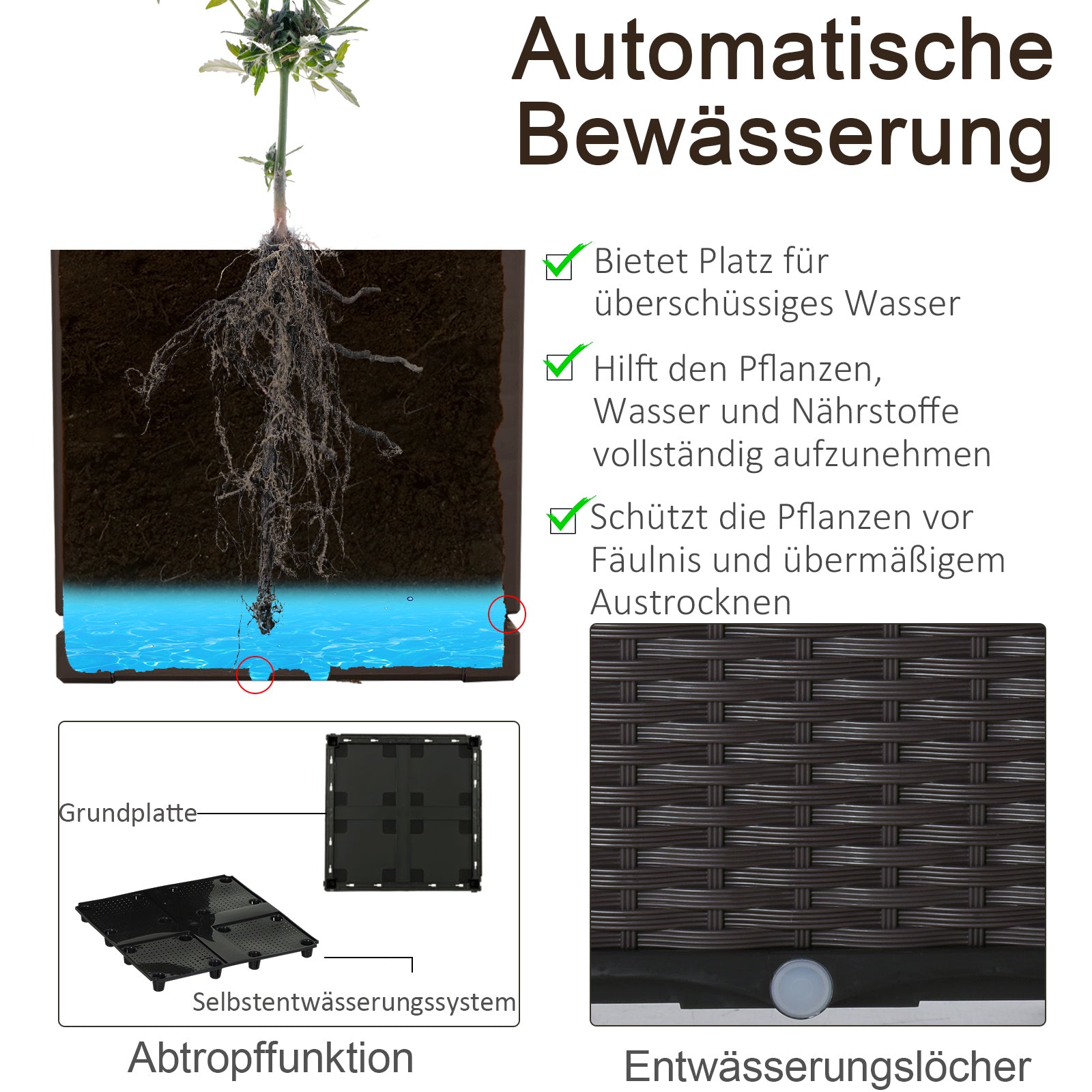 Raised Bed Planter 6-Piece Rattan Look with Drainage Holes Brown