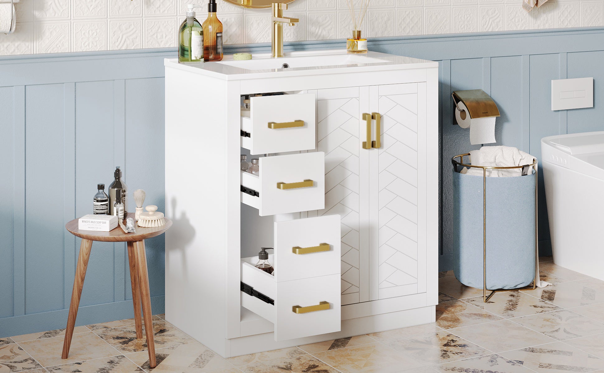 Bathroom Vanity Unit with Ceramic Sink and 3 Drawers, White