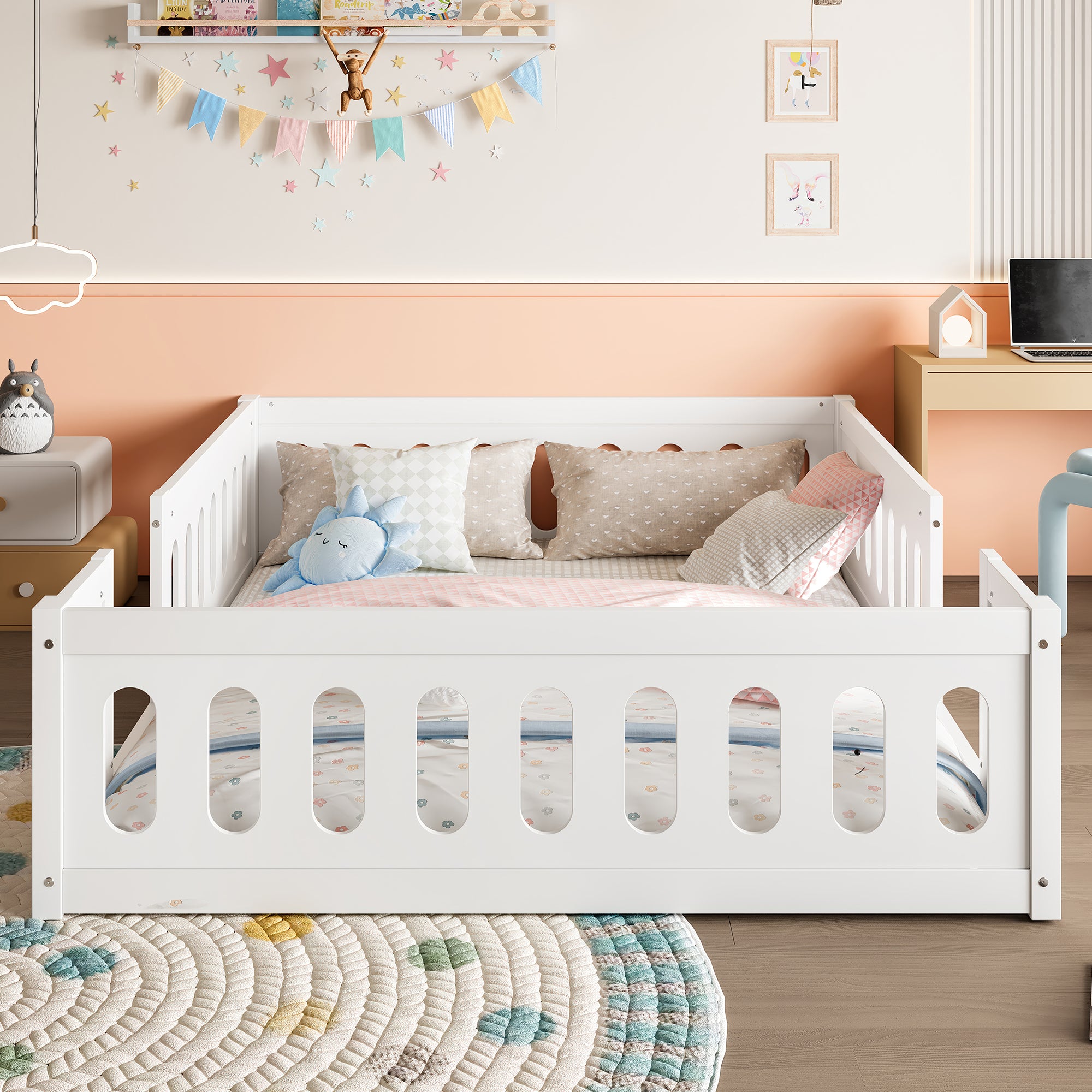 Wooden Platform Bed, 140x200 with Railing, White