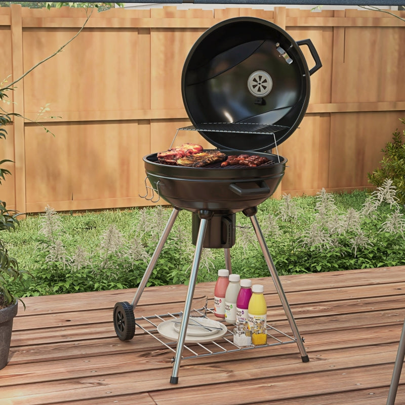 Charcoal Grill BBQ Camping with Grate, Wheels, Storage, Thermometer, Metal