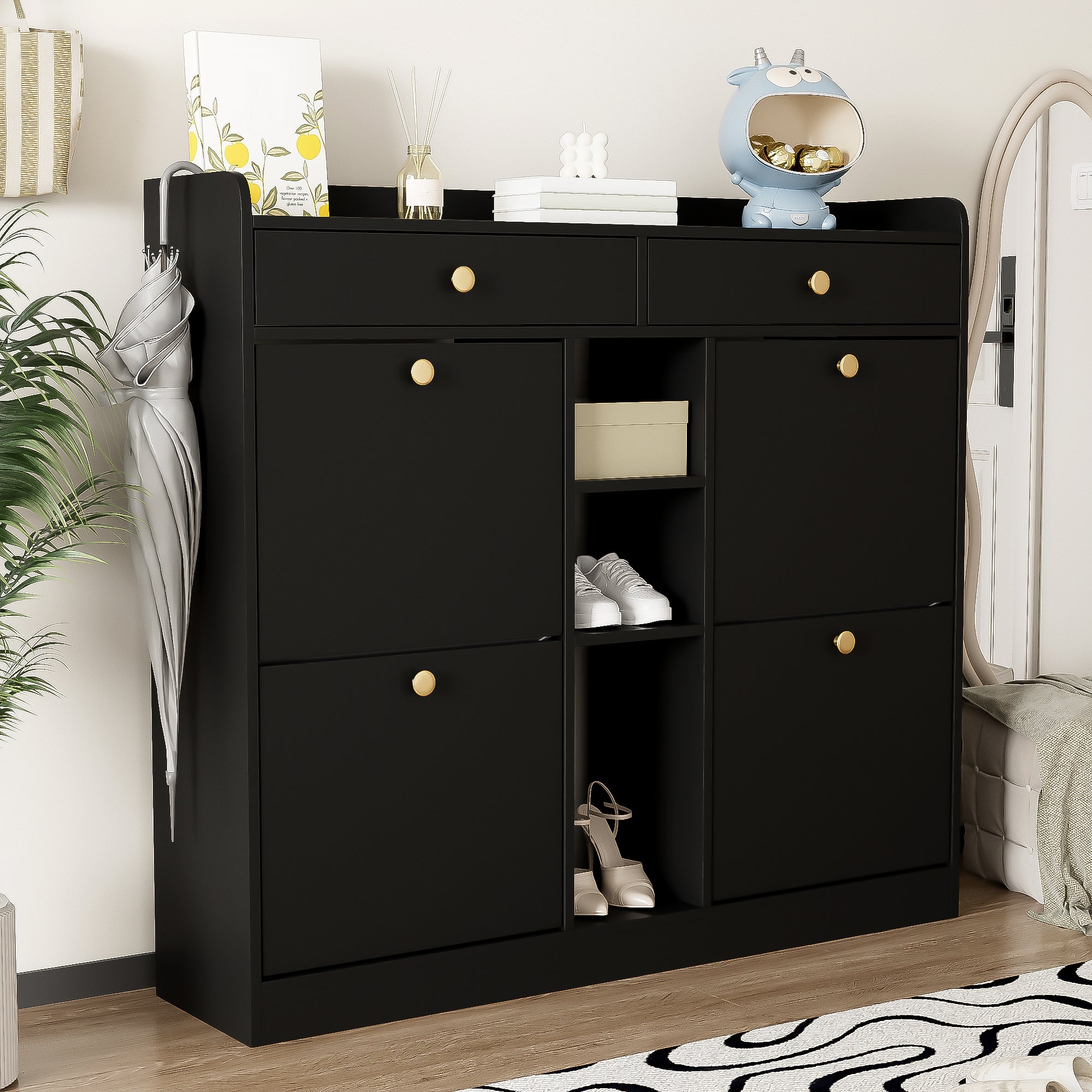 Shoe Cabinet, 4-Door, 2-Drawer, 3-Compartment, Black