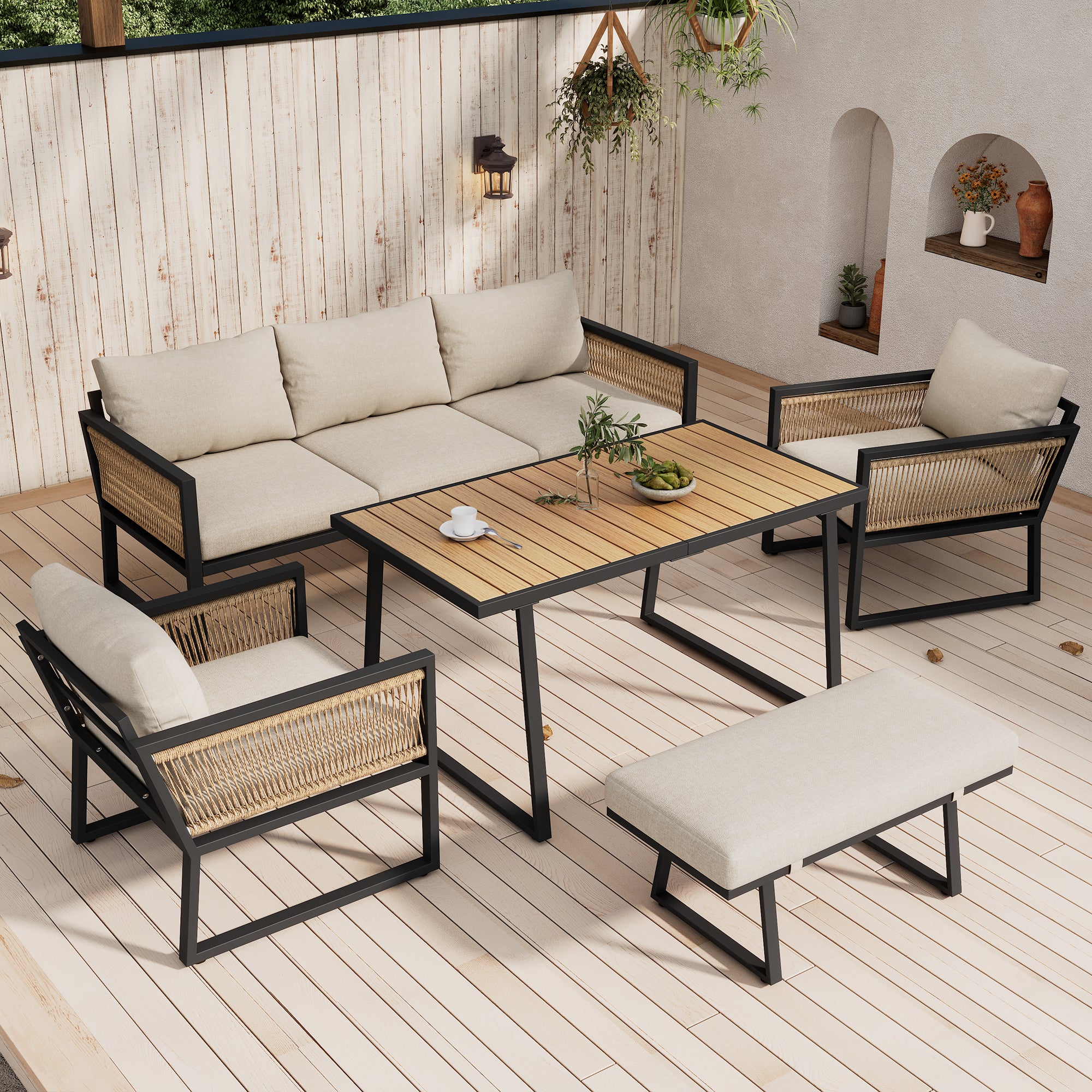 5-Piece Garden Dining Set with 3-Seater Sofa, 2 Armchairs, Stool and Table, Woven Rope and Steel, Beige