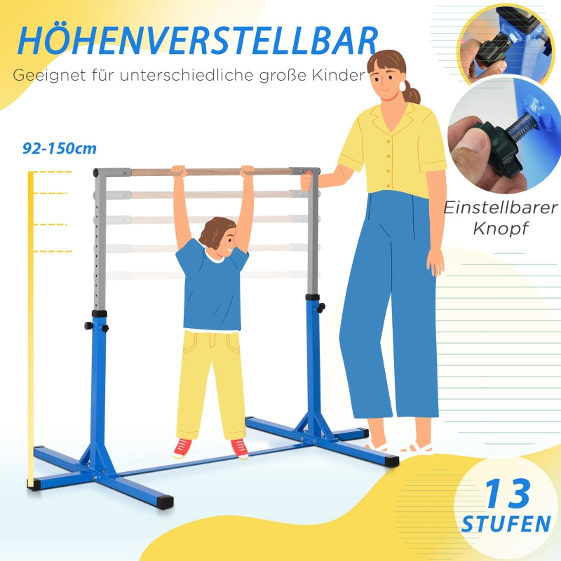 Gymnastics Bar with 13-Level Height Adjustment and Wooden Steel Construction, Blue