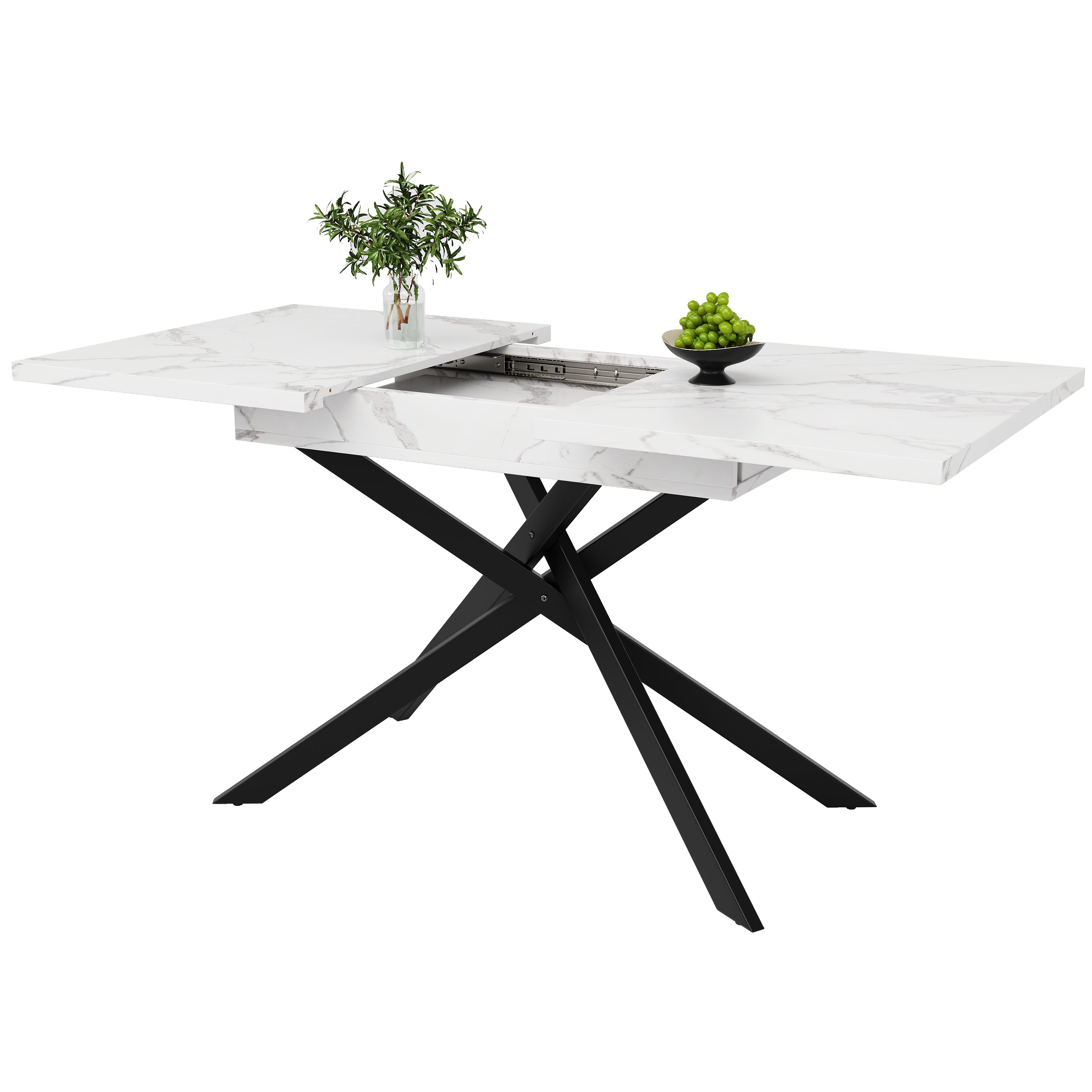 Telescopic Dining Table 120-160cm Extendable Black Crossed Legs - White Marble