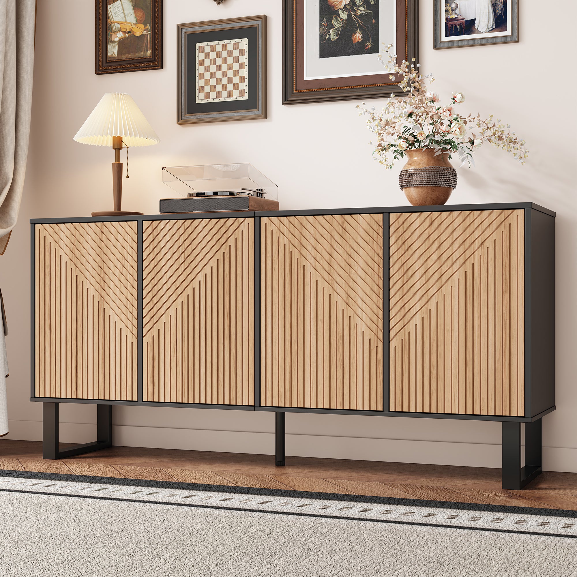 Sideboard, Minimalist with 3D Striped Front and Extra Large Storage, Black Wood Grain