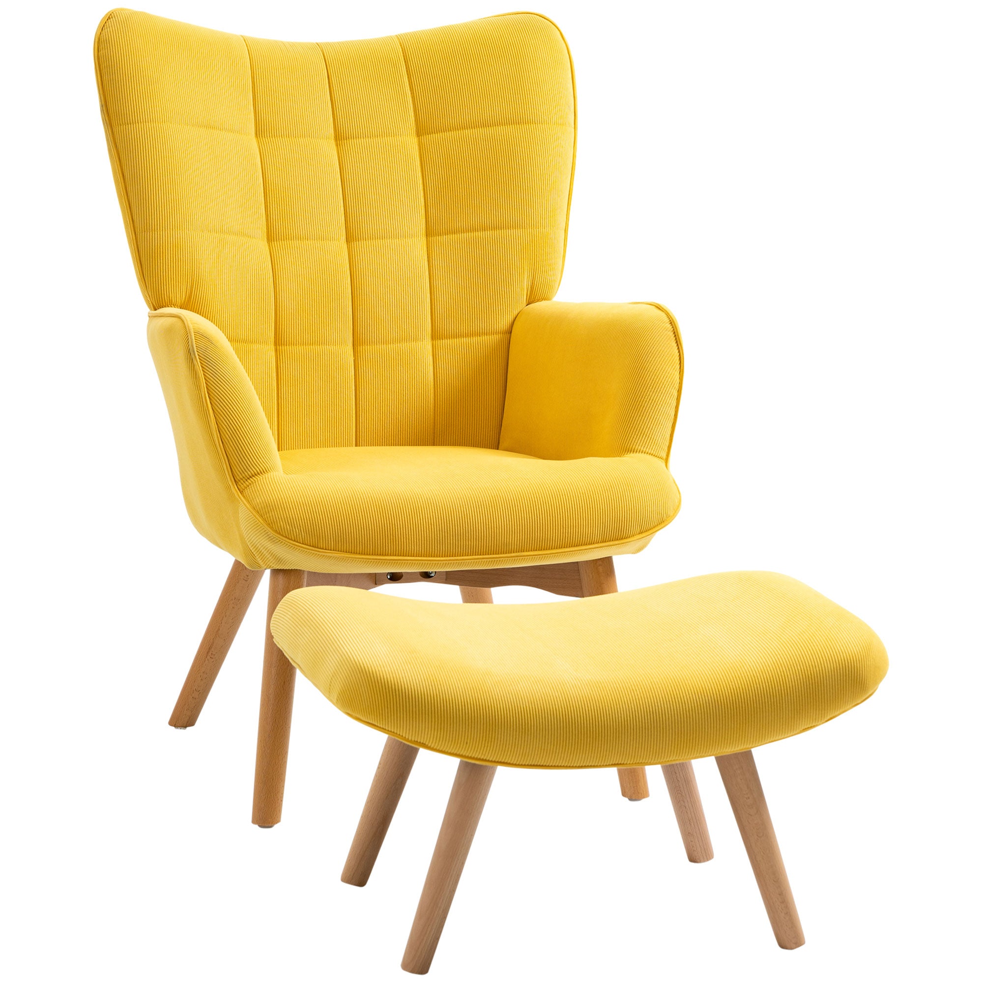 Relaxing Armchair Wing Chair with Footstool Wooden Legs, Corduroy Yellow