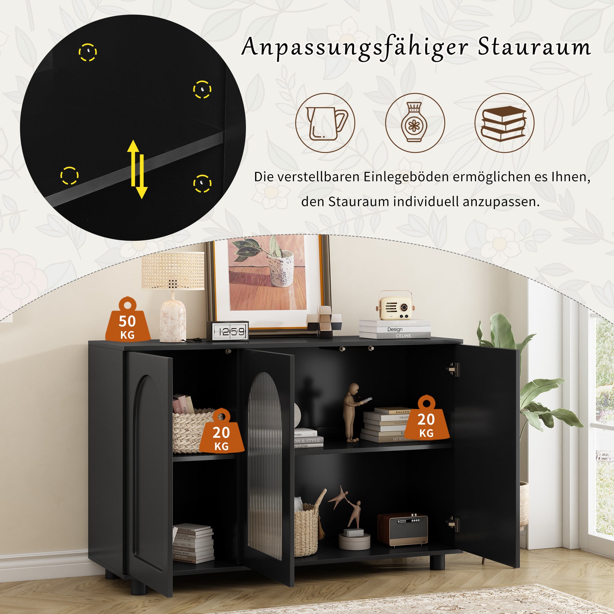 Sideboard U-Shaped Glass Door Rebounder Design - Black