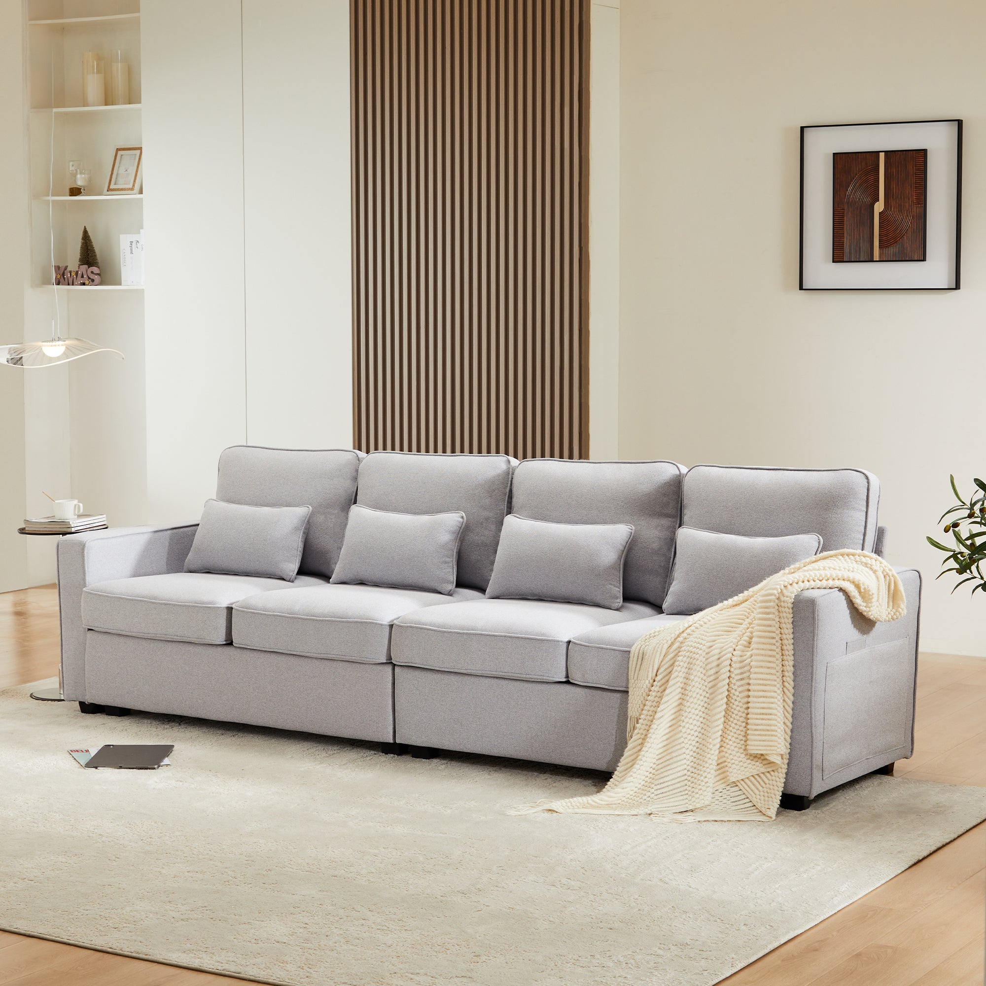 Sofa, 4-Seater with Armrest Pockets & 4 Pillows, Linen Fabric