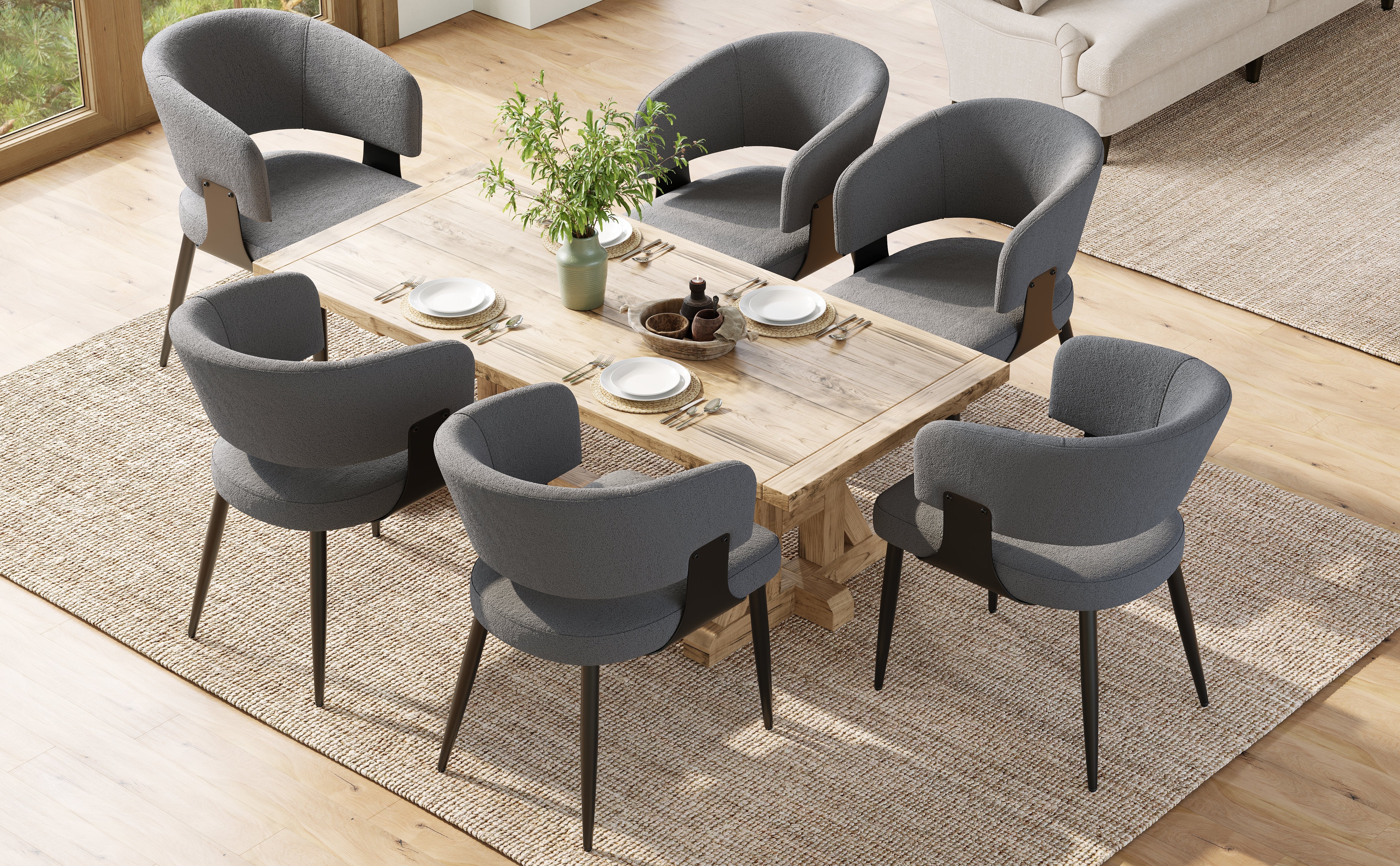 Dining Chair Set of 6, Ergonomic Design with Curved Backrest, Beige/Grey Flannel