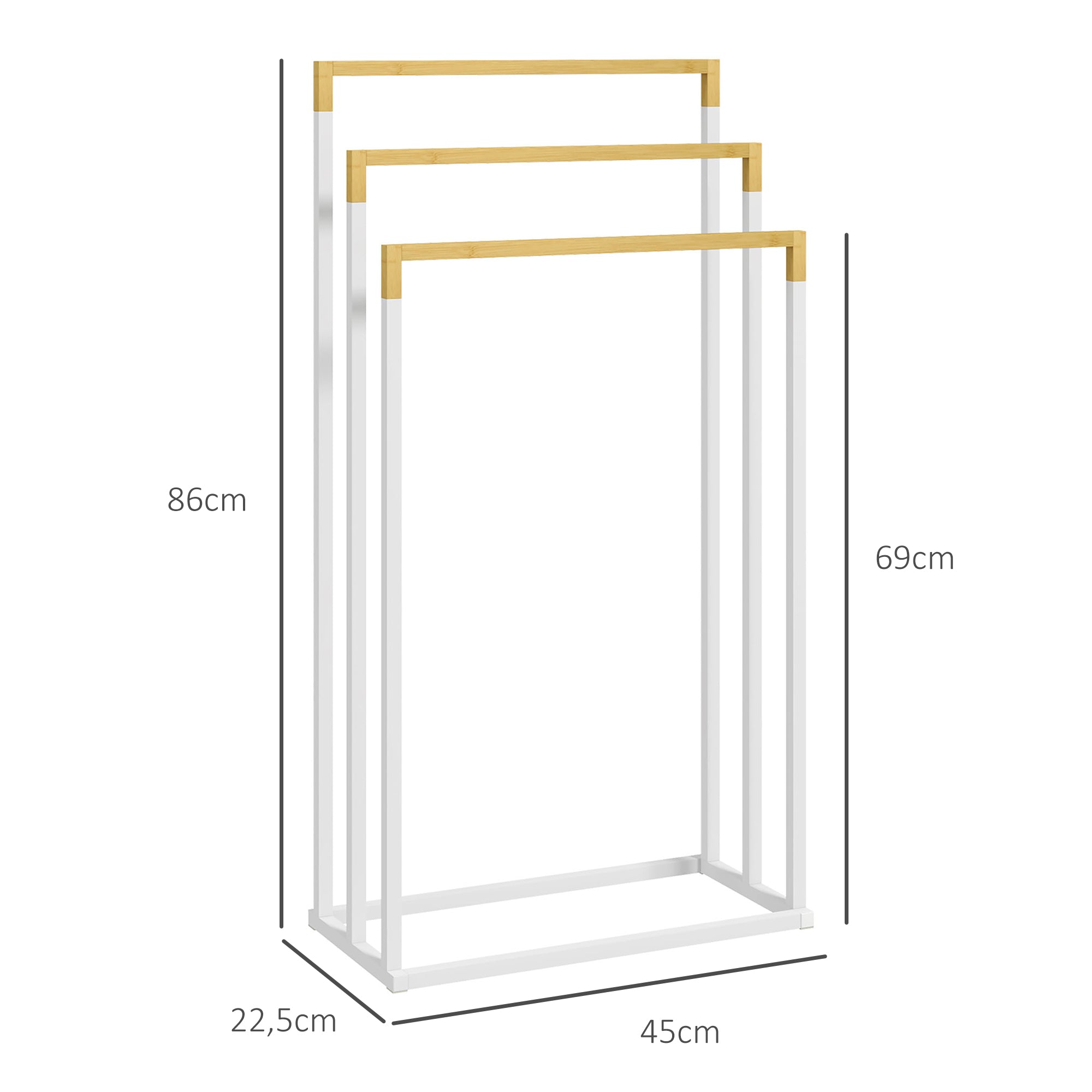 Freestanding Towel Rack, 3 Bars Bathroom Towel Holder, Steel and Bamboo, White