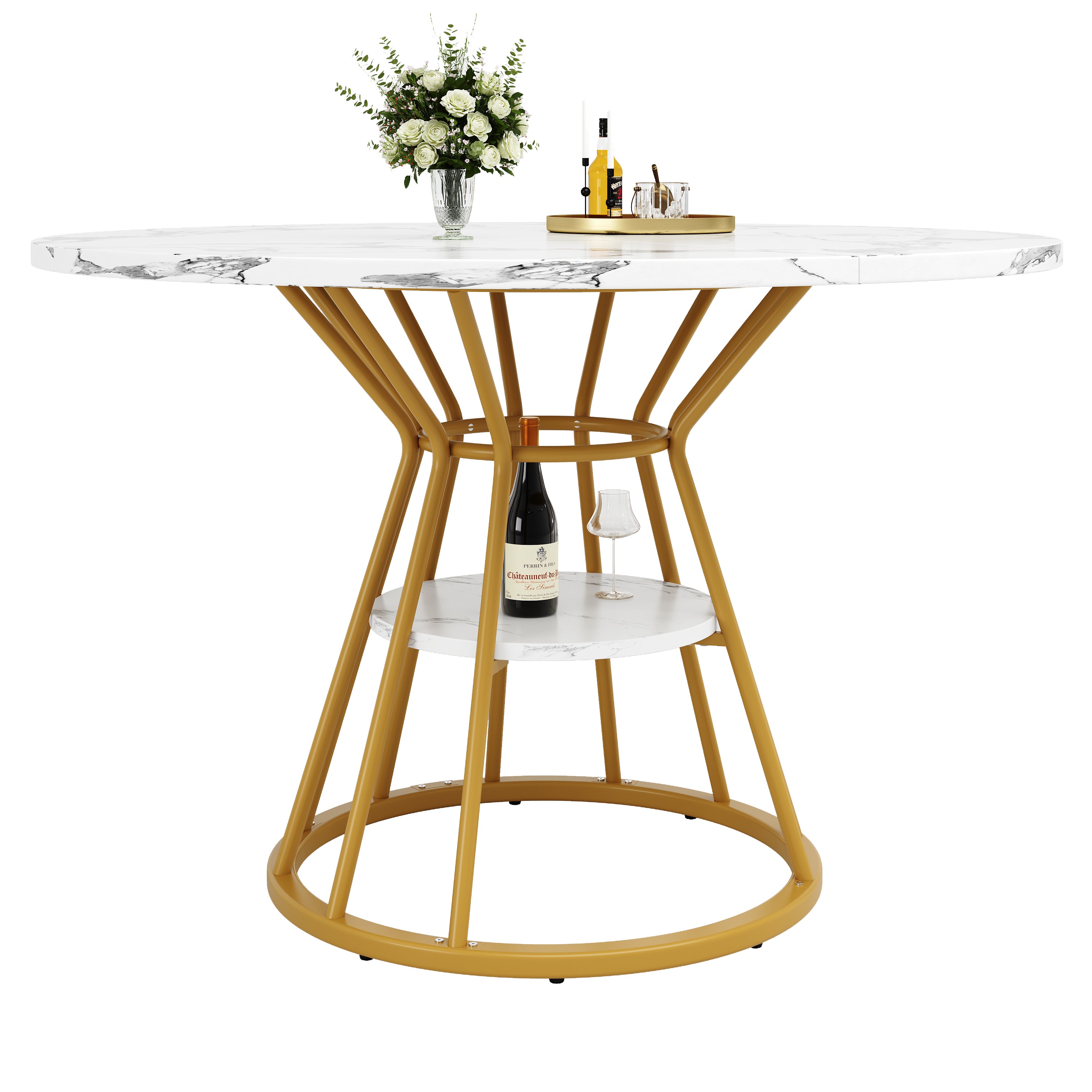 Round Dining Table, Metal Legs Marble Pattern, Gold/Black