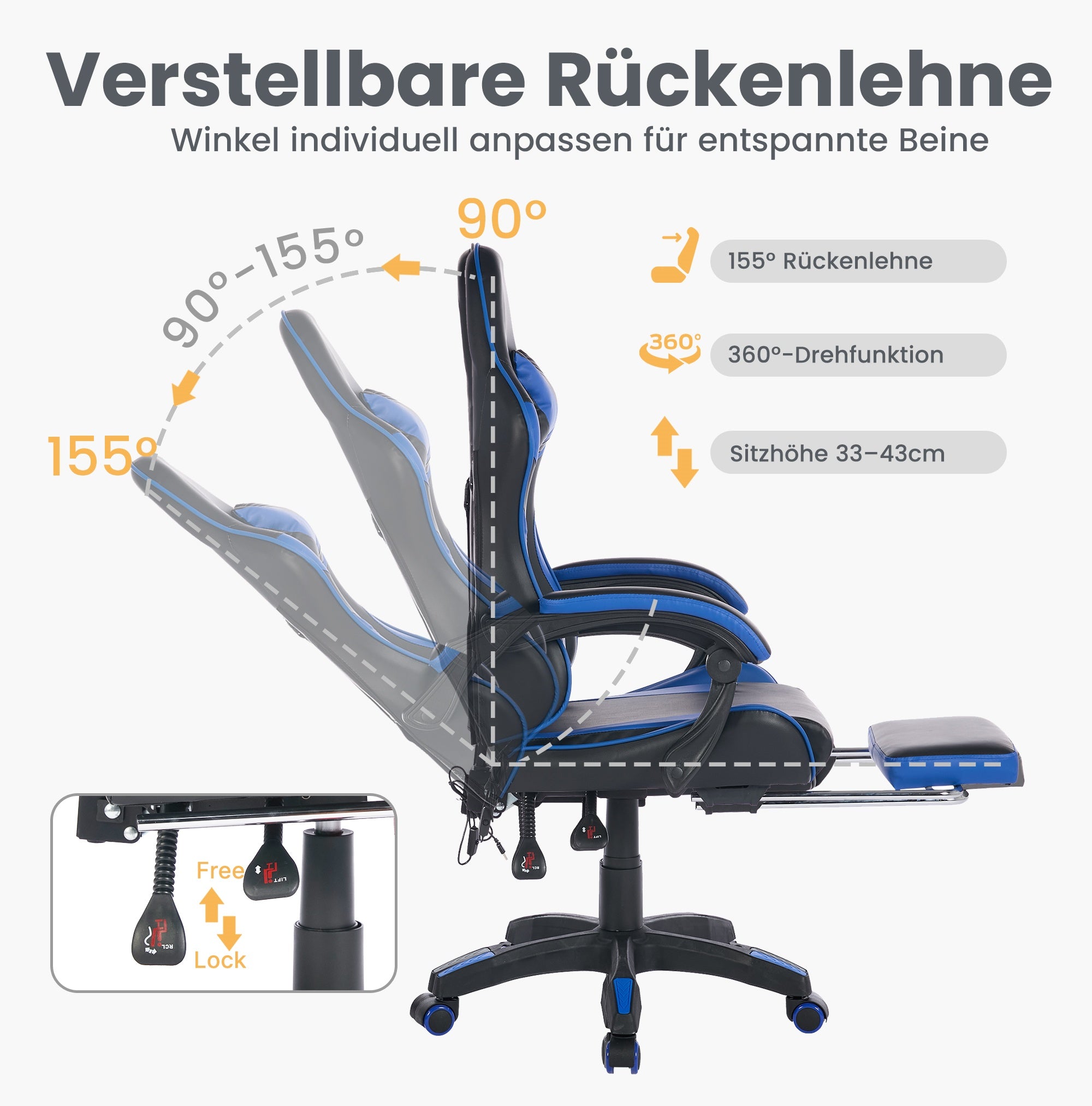 Gaming Chair Ergonomic Racing High-Back with Footrest Headrest Lumbar Support - Black & Blue Leather