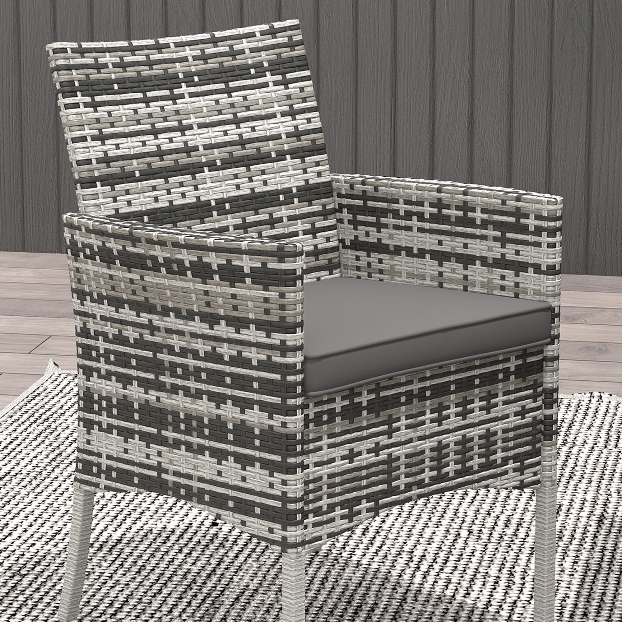 Five-Pieces Dining Set 4 Armchairs Tempered Glass Table Rattan Mixed Grey