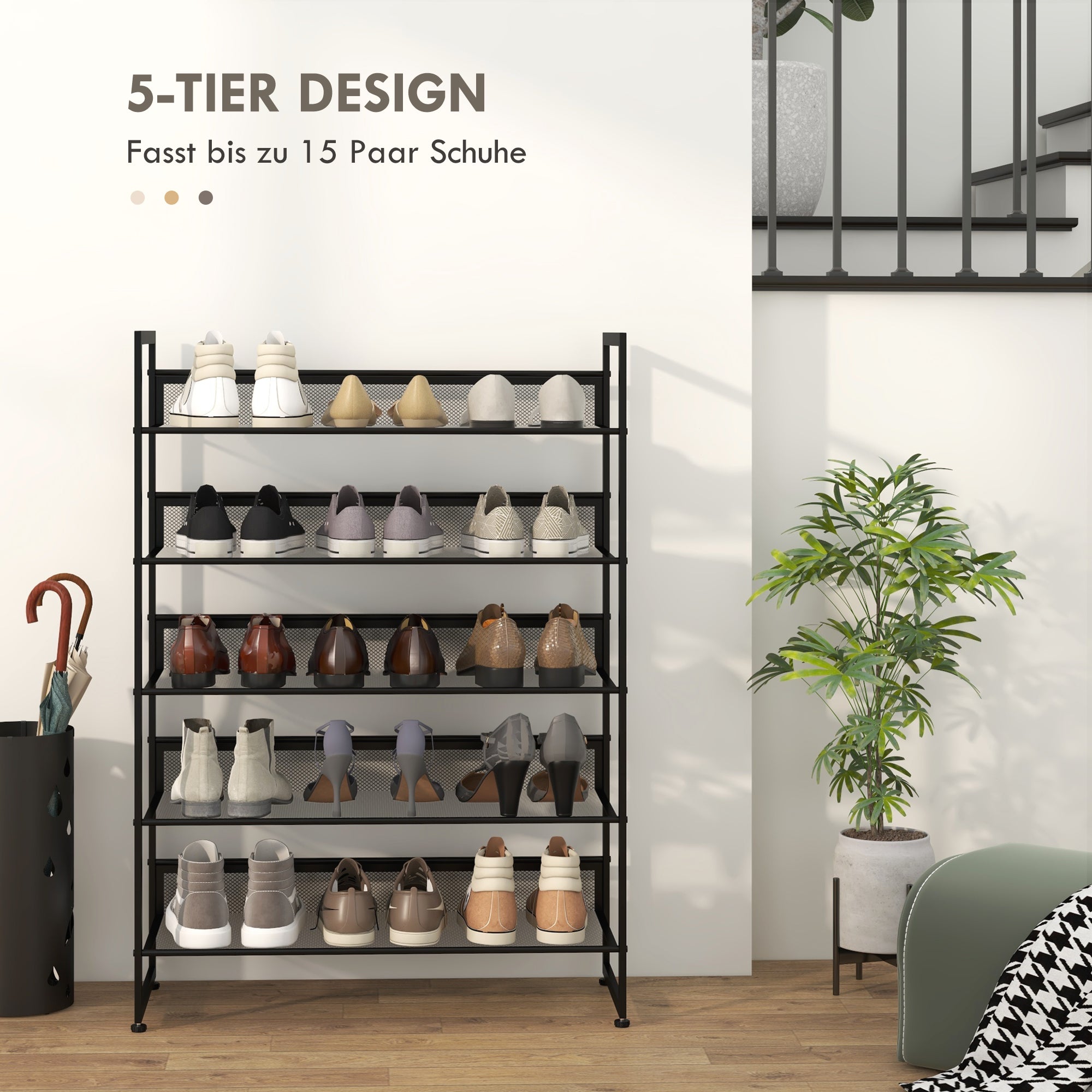 Small Shoe Rack, Tall Narrow 5-Shelf, Black