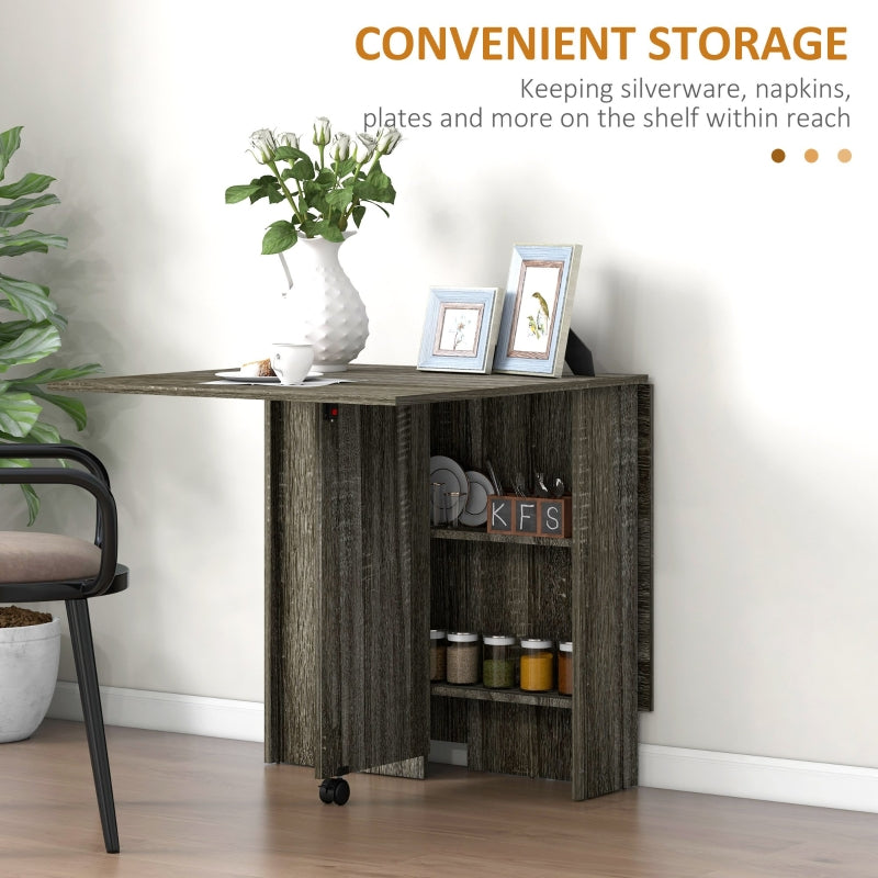 Folding Dining Table, Drop Leaf 2-Tier Shelves Rolling Casters, Grey