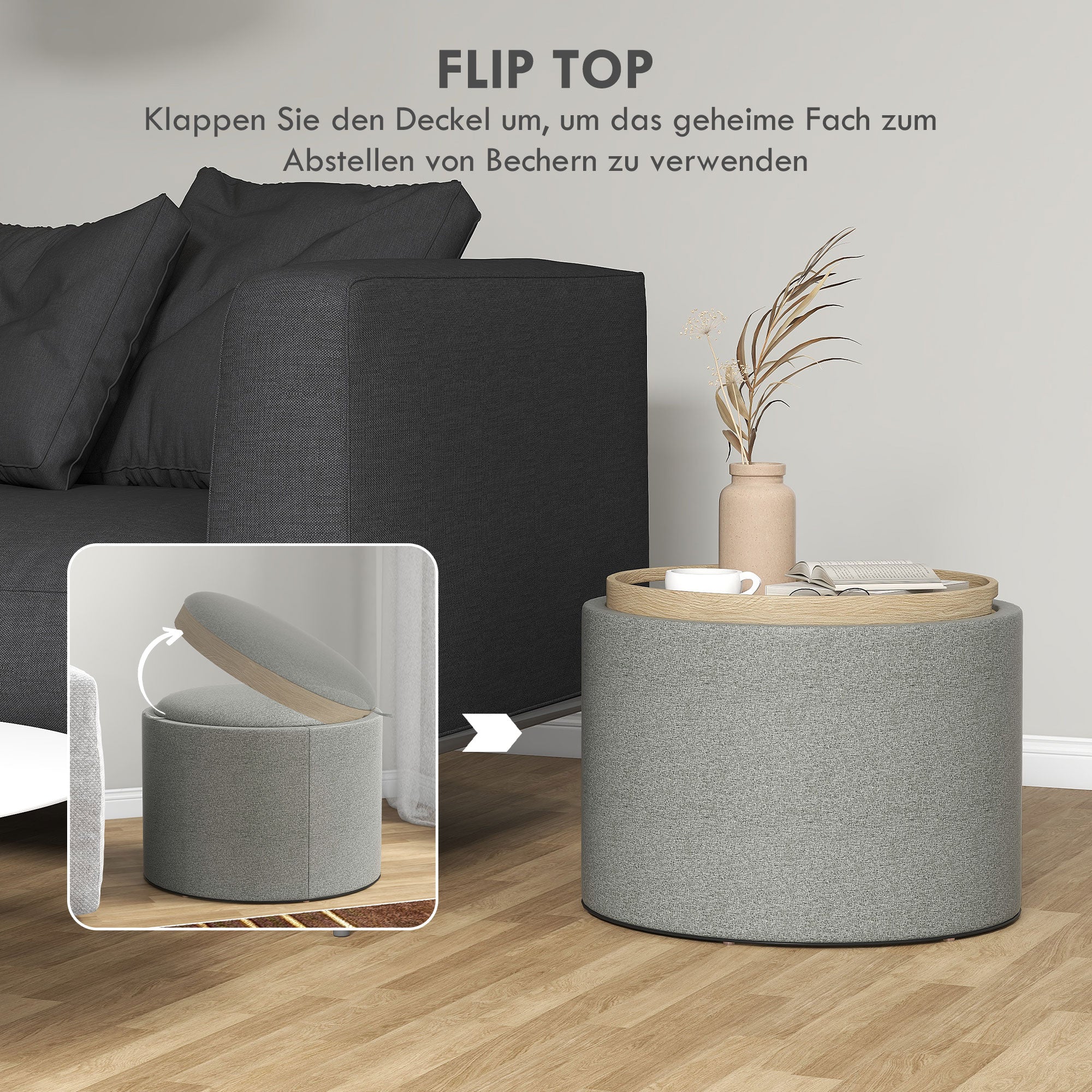 Ottoman Round Stool with Storage and Hinged Lid, grey linen look