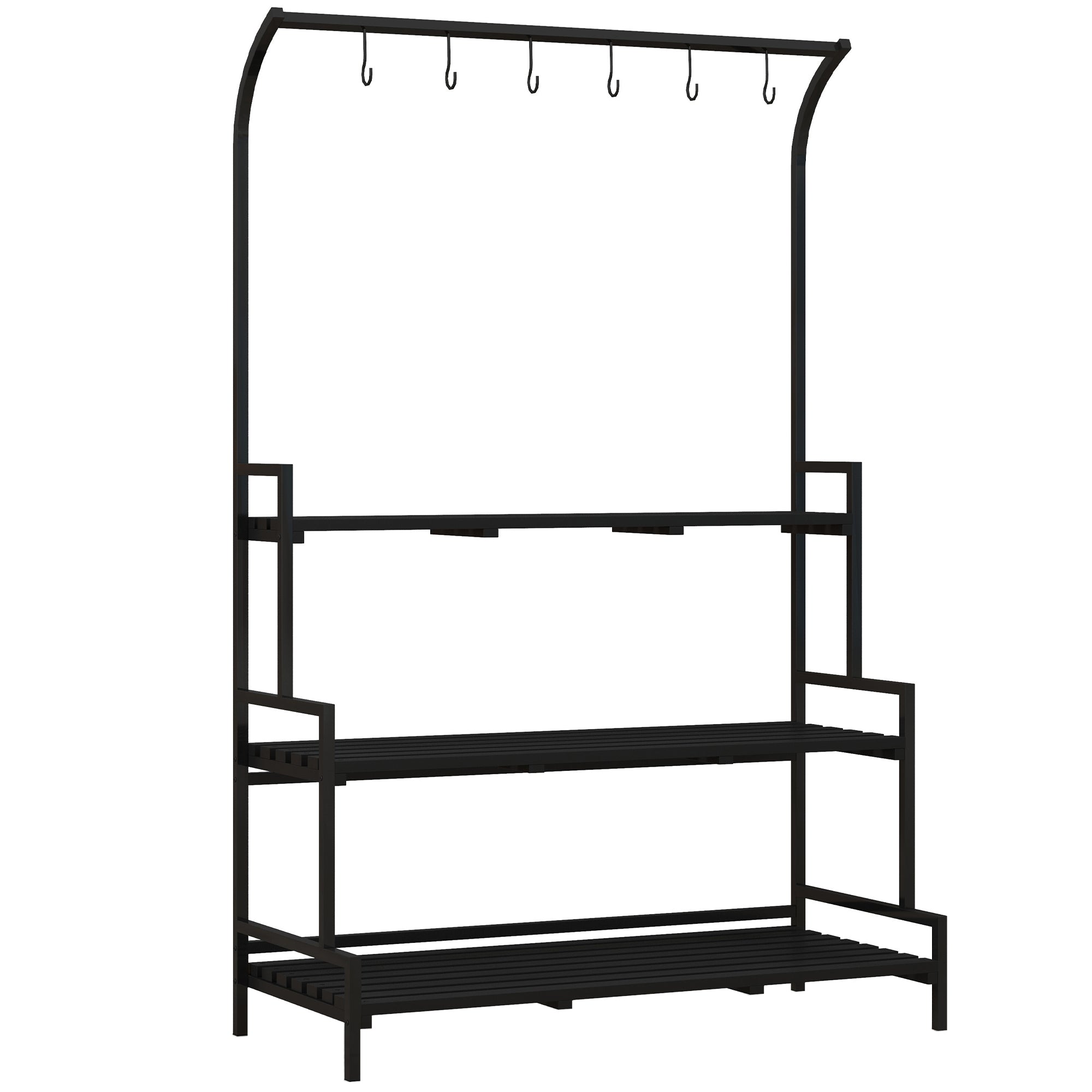 3 Tiered Plant Rack with Hanging Hooks, Indoor/Outdoor Tall Plant Stand, Black