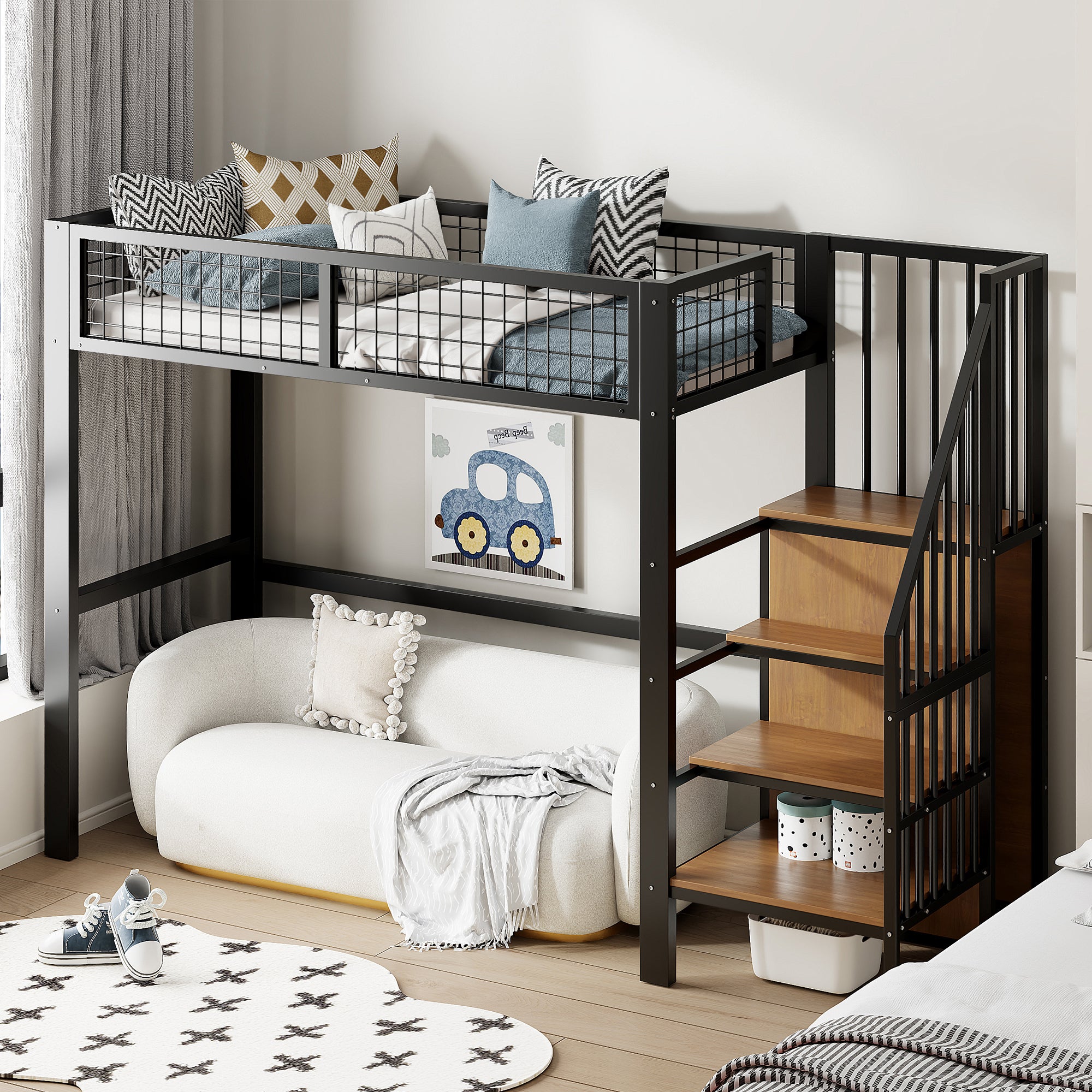Loft Bed, 90x200 with Ladder & Storage, Iron Frame, Black