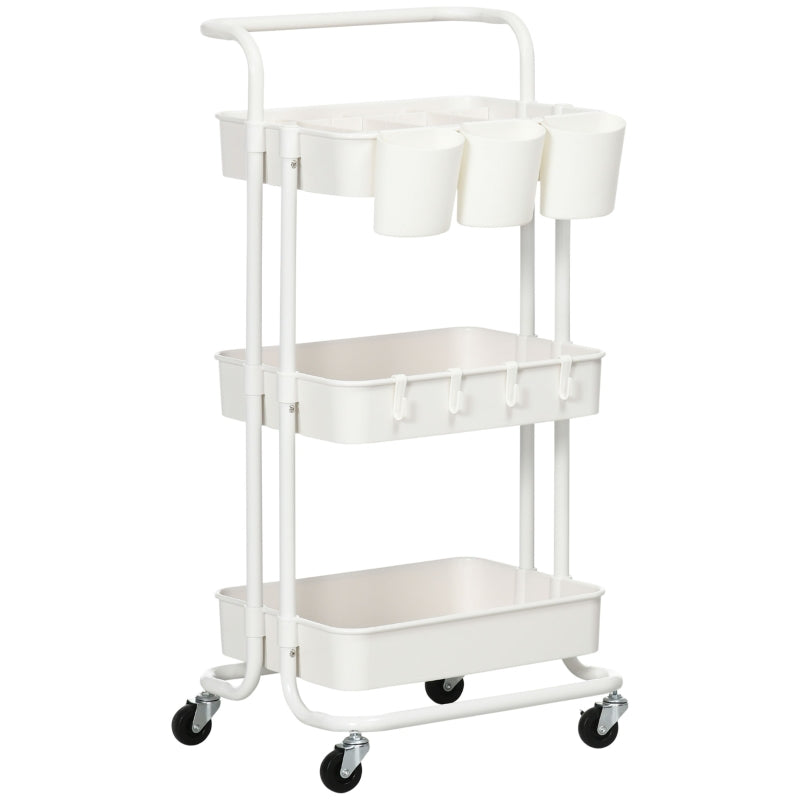 Three-Tier Home Trolley, Handle and Wheels Storage - White