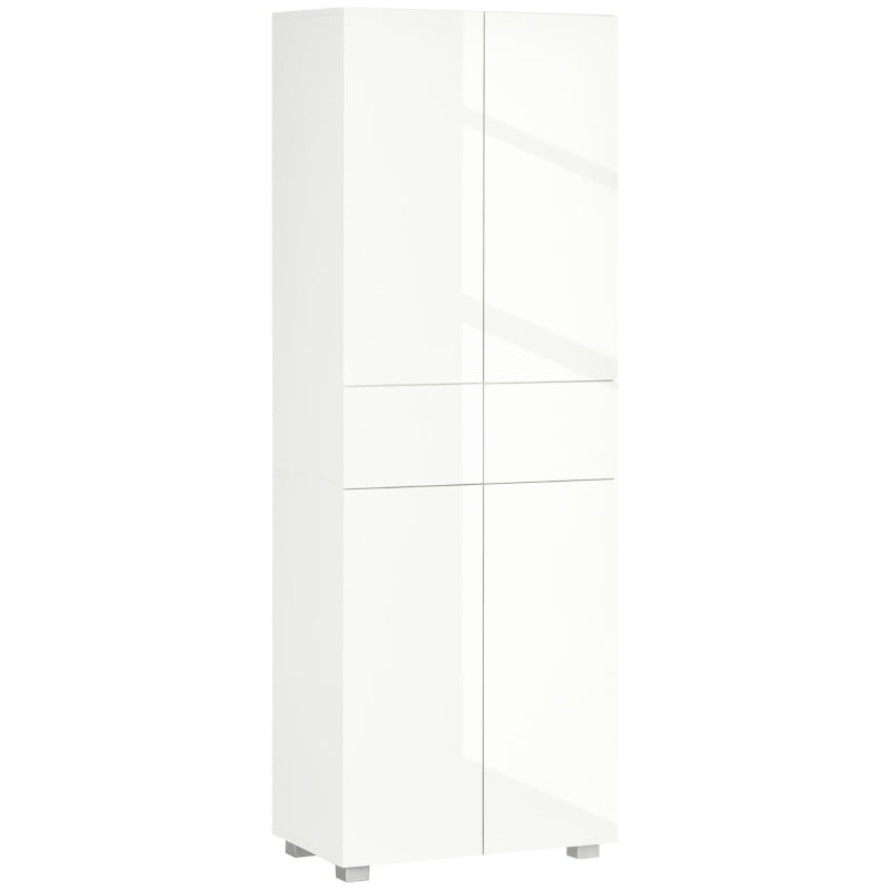 4-Door Kitchen Cupboard Tall Freestanding 5-Tier Cabinet with 3 Adjustable Shelves, 2 Drawers, Push to Open Design, High Gloss White