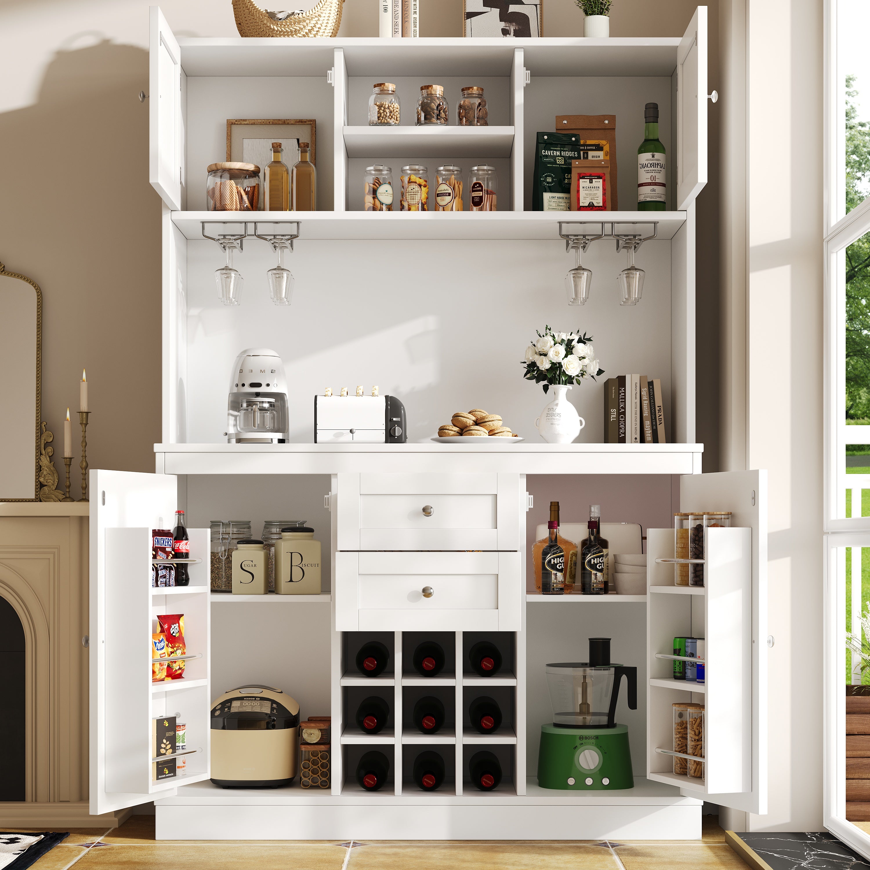 Tall Kitchen Cabinet Buffet with Adjustable Shelves Wine Rack 4 Doors 2 Drawers - White