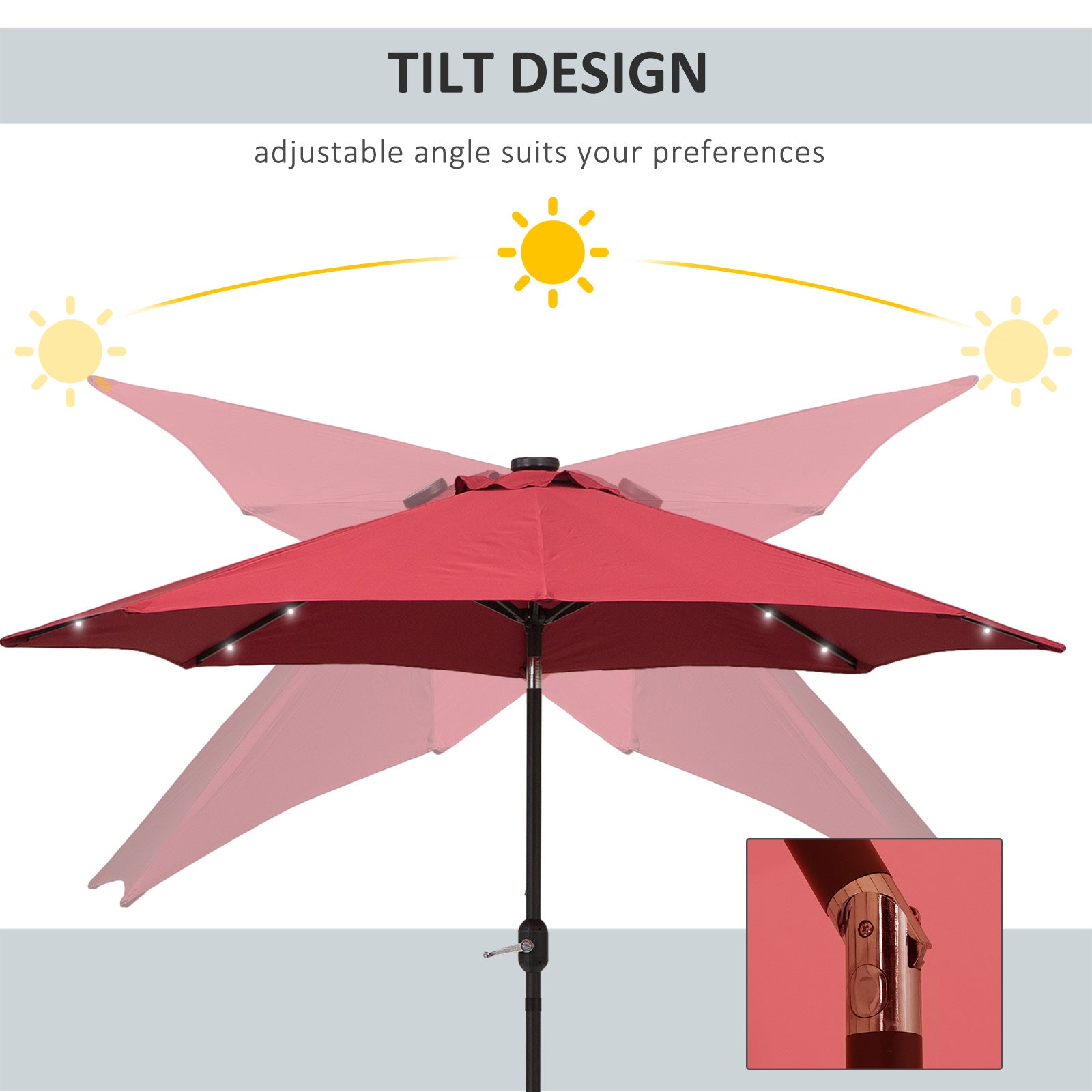 2.7m Garden Parasol Umbrella, Tilt Crank & 24 LED Lights, Red