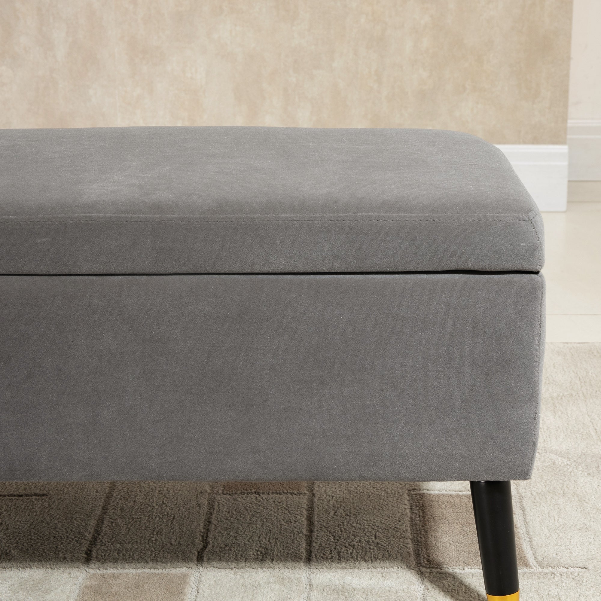 Upholstered bench with storage space, metal and rubber wood, charcoal grey