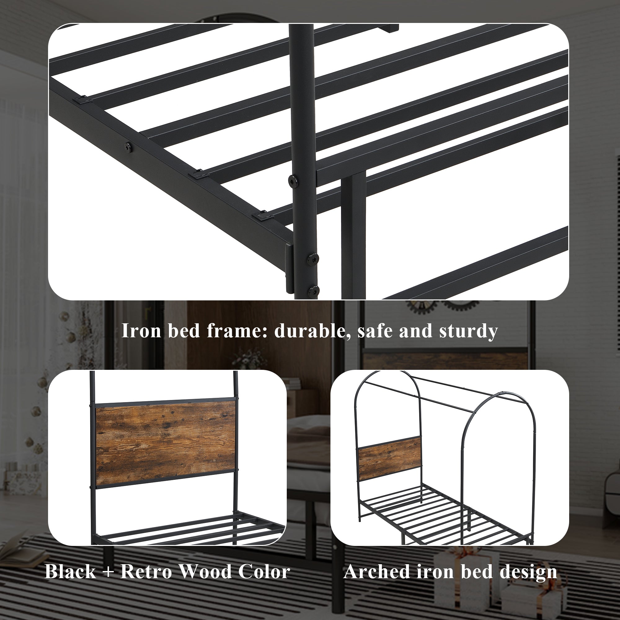 Metal Bed, 3FT Single Bed 90x190cm, Durable and Sturdy Canopy Twin Bed, Black+Wood Color, Iron