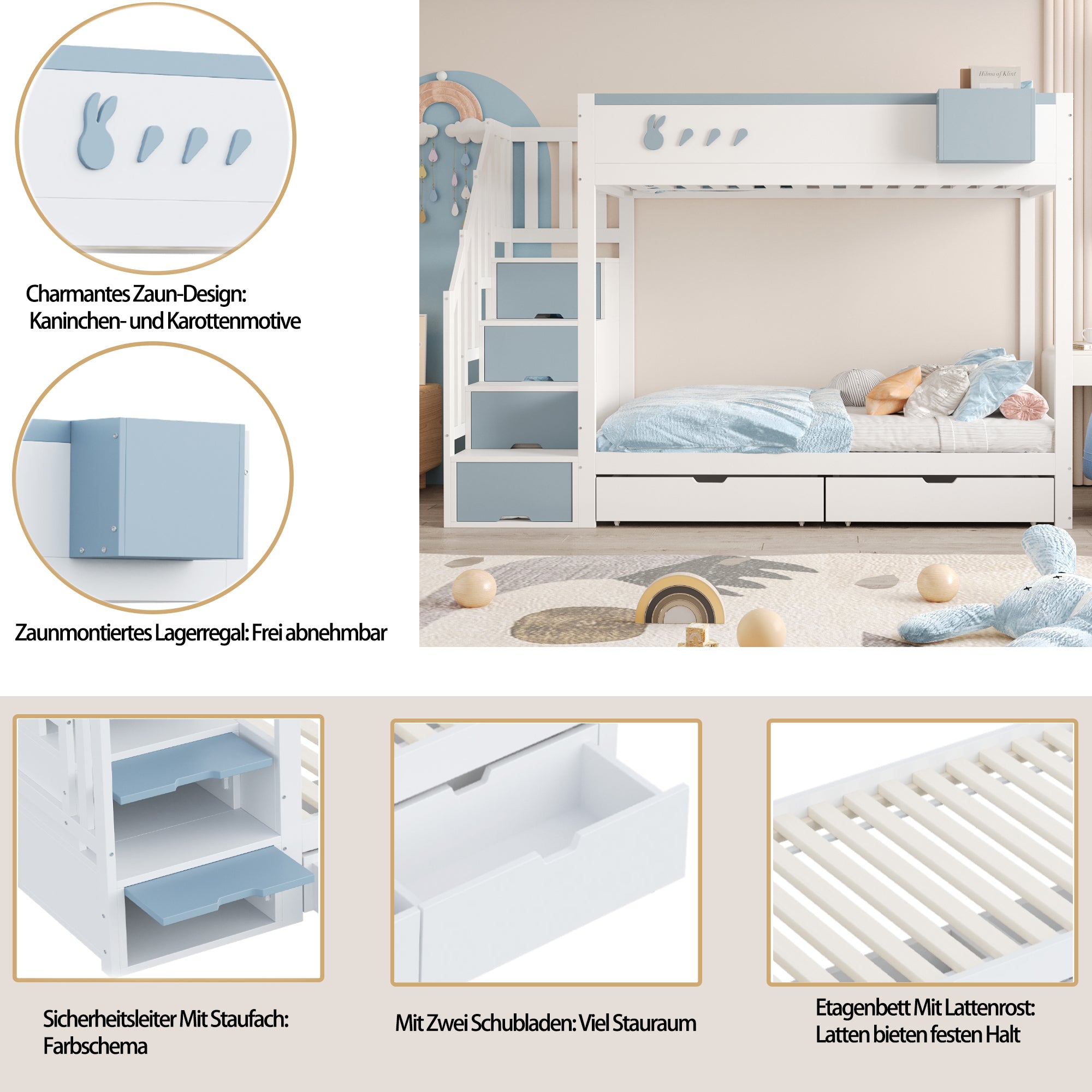 Bunk Bed for Children 90x200cm Double Bed Ladder Storage Drawers Rabbit/Carrot Motifs White + Blue