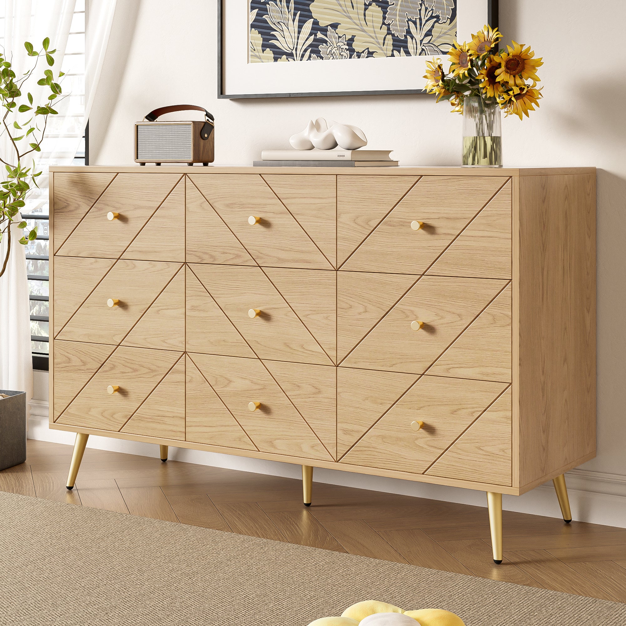 Modern 9-Drawer Chest, Iron Legs Geometric Pattern, PB Construction