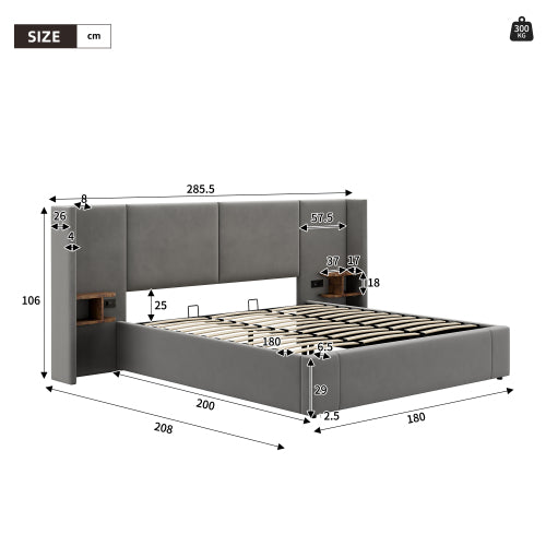Upholstered Super King Size Bed 6ft (180*200cm) with Ottoman Lift Up, USB Connection, Sockets, and Two Bedside Tables, Velvet, Grey