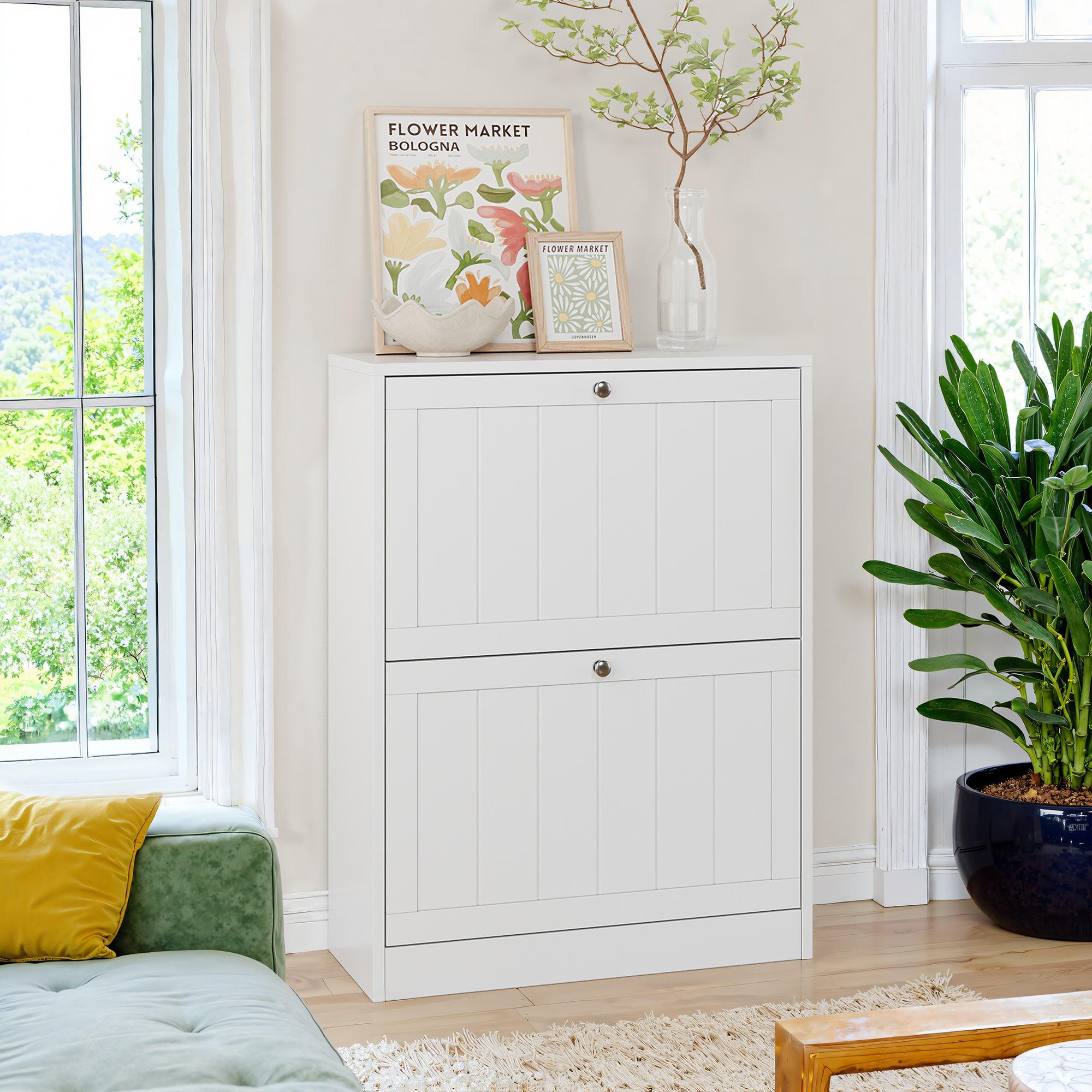 Shoe Cabinet, Freestanding Hidden 2 Drop-Down Drawers Mid-Century Modern White