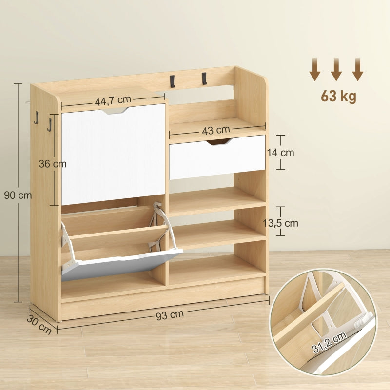 Shoe Rack with Tilting Drawers, Open Shelves, 4 Hooks, 14 Pairs, Natural