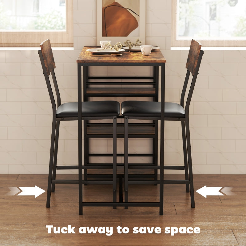 Three-Piece Compact Bar Table Set with Shelves and Upholstered Stools, Brown/Black