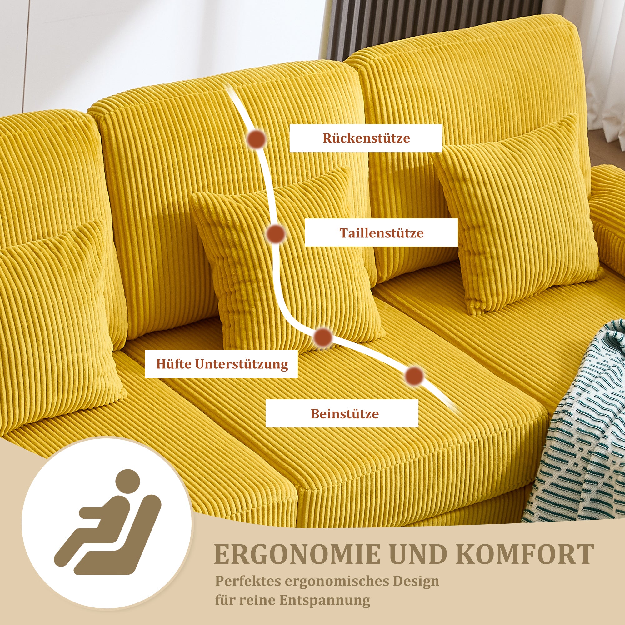 U-Shaped Sofa, LED Ambient Lighting & USB-C Port, Yellow