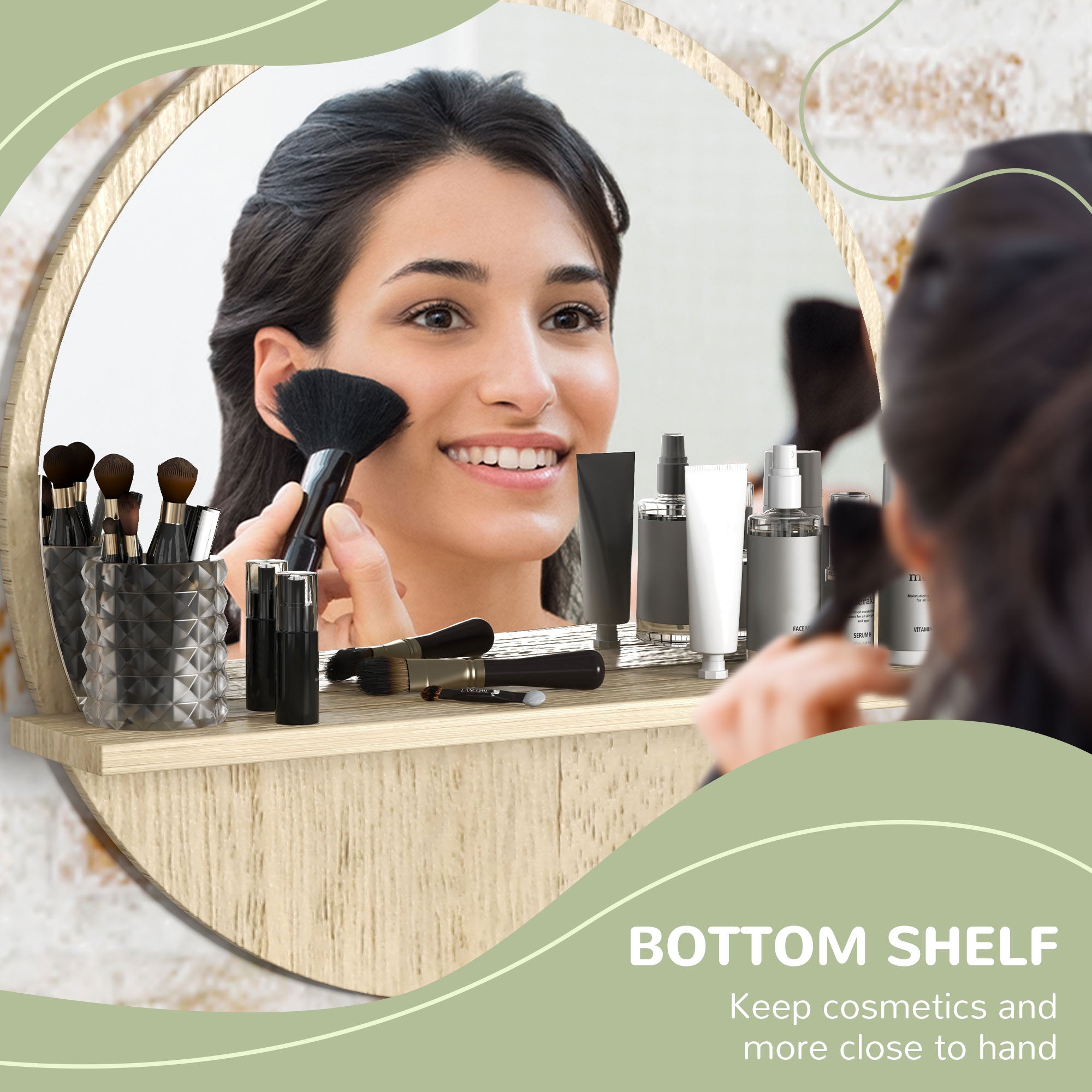 Kleankin Round Home Mirror with Shelf - Natural Wood Effect