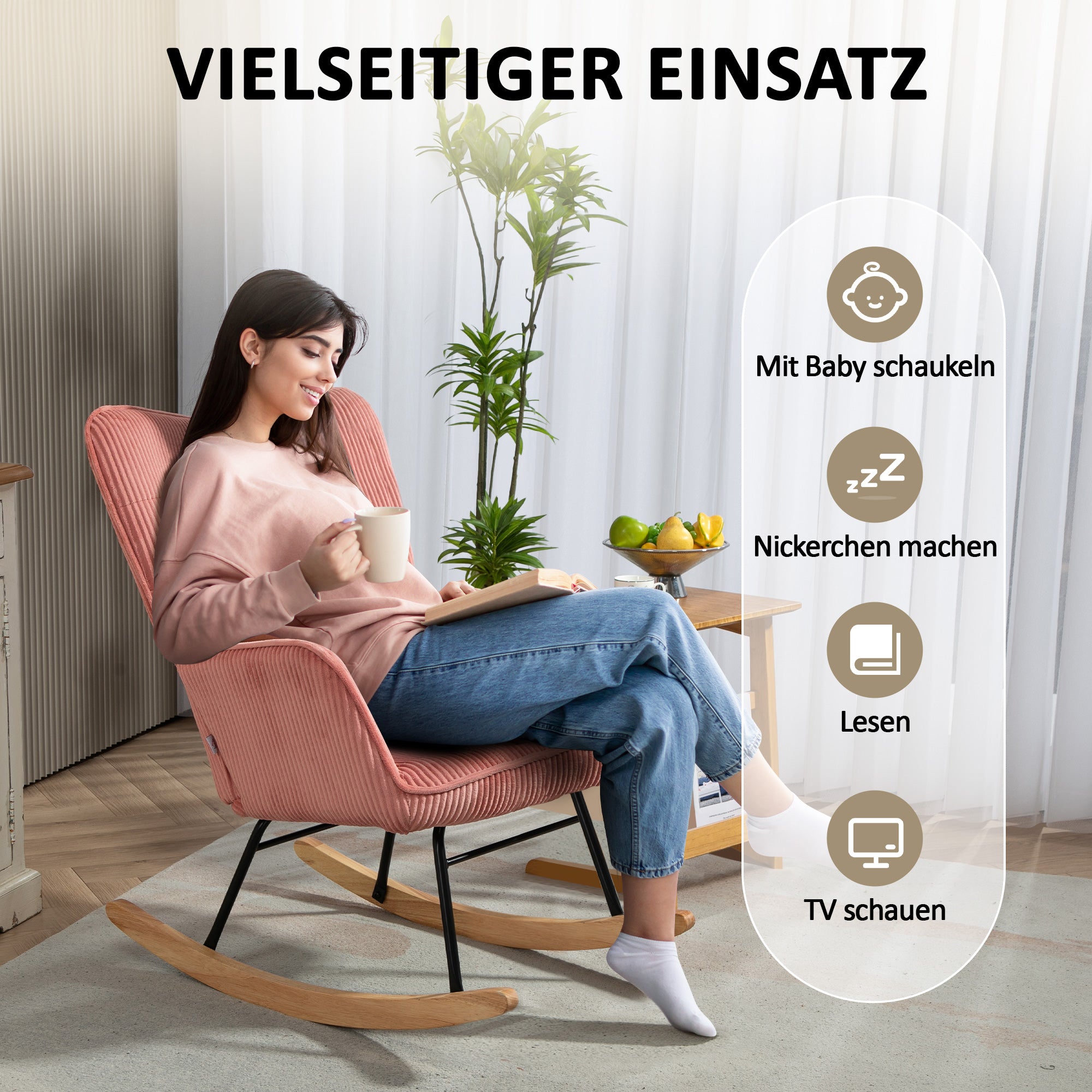 Rocking Chair Armrest Wooden Runners Recliner, Corduroy Pink