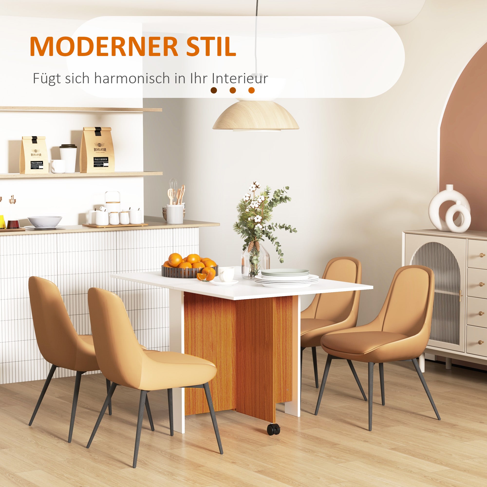 Folding table mobile dining table with folding worktop and castors in white